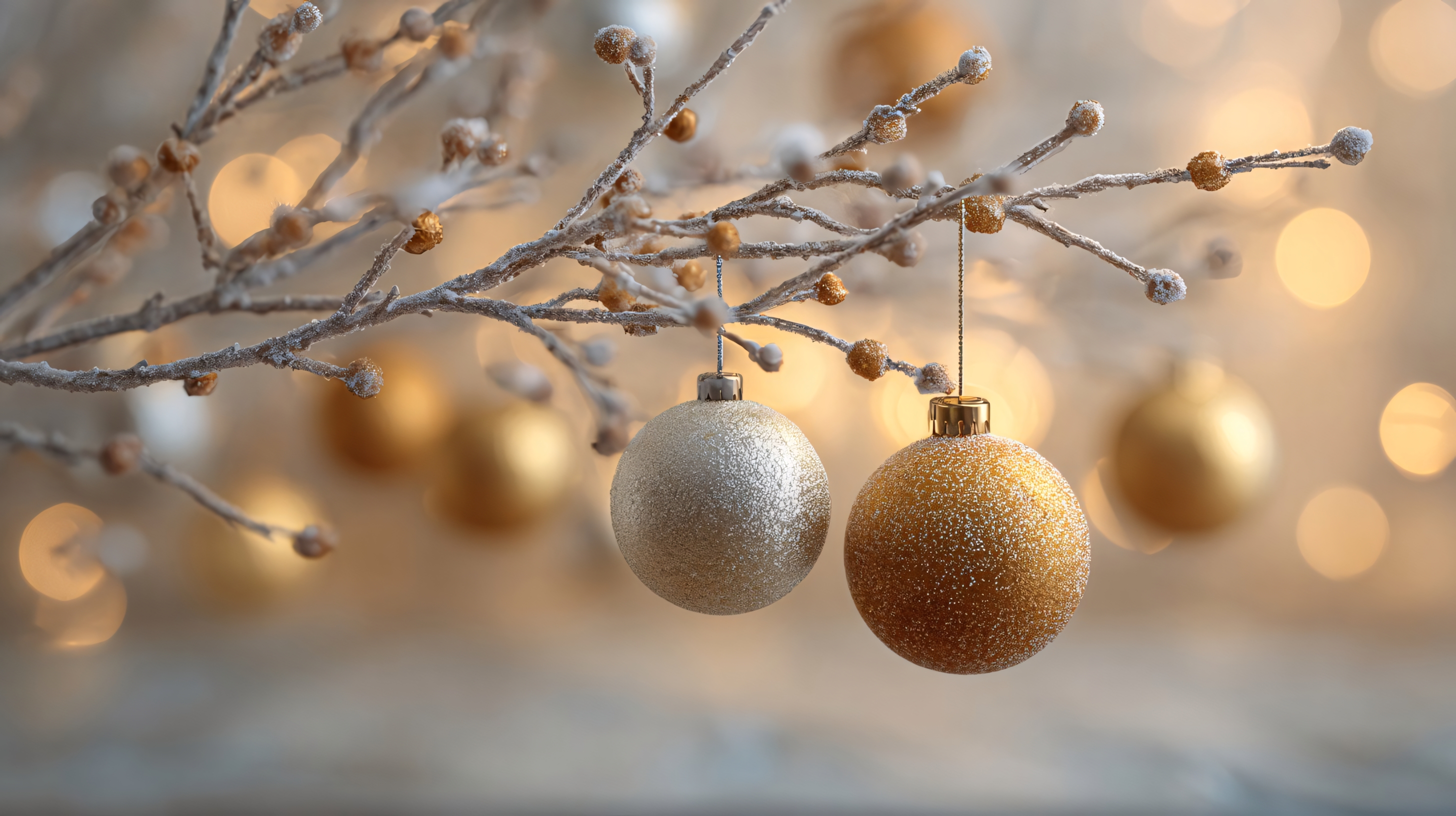 elegant golden and silver christmas baubles hanging on frosted tree branches