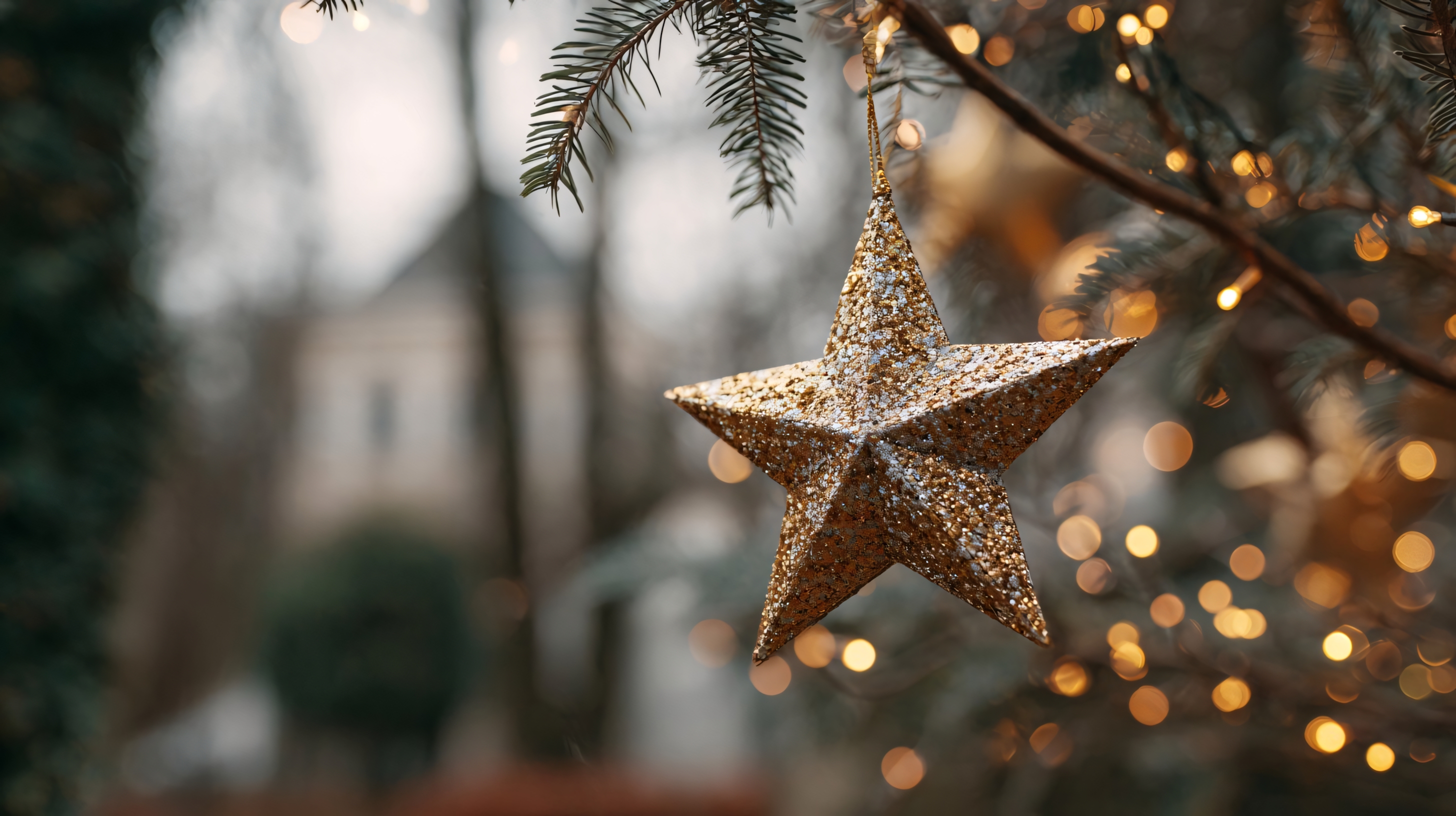 gold glitter star ornament on christmas tree