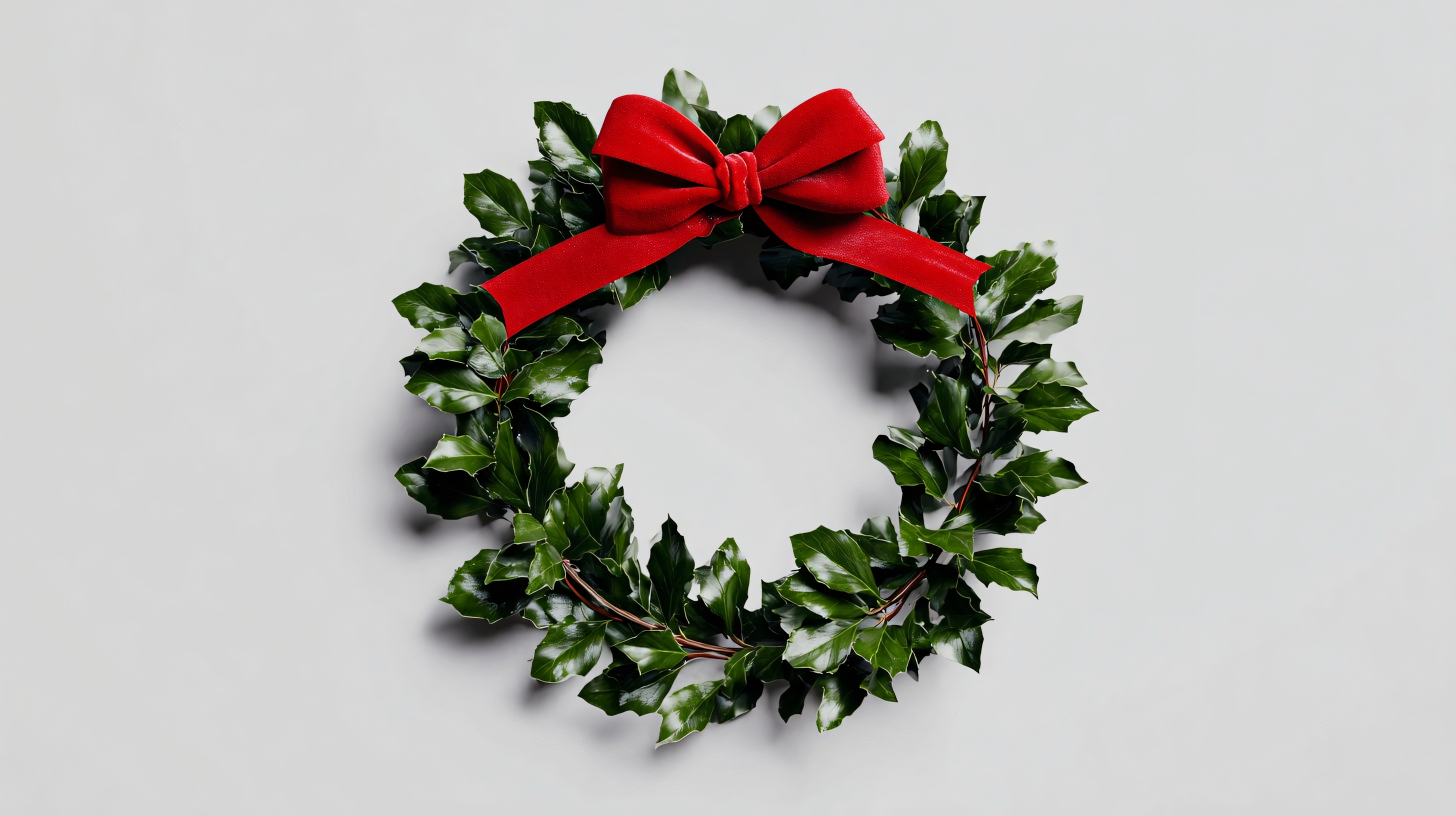christmas wreath with green leaves and red bow