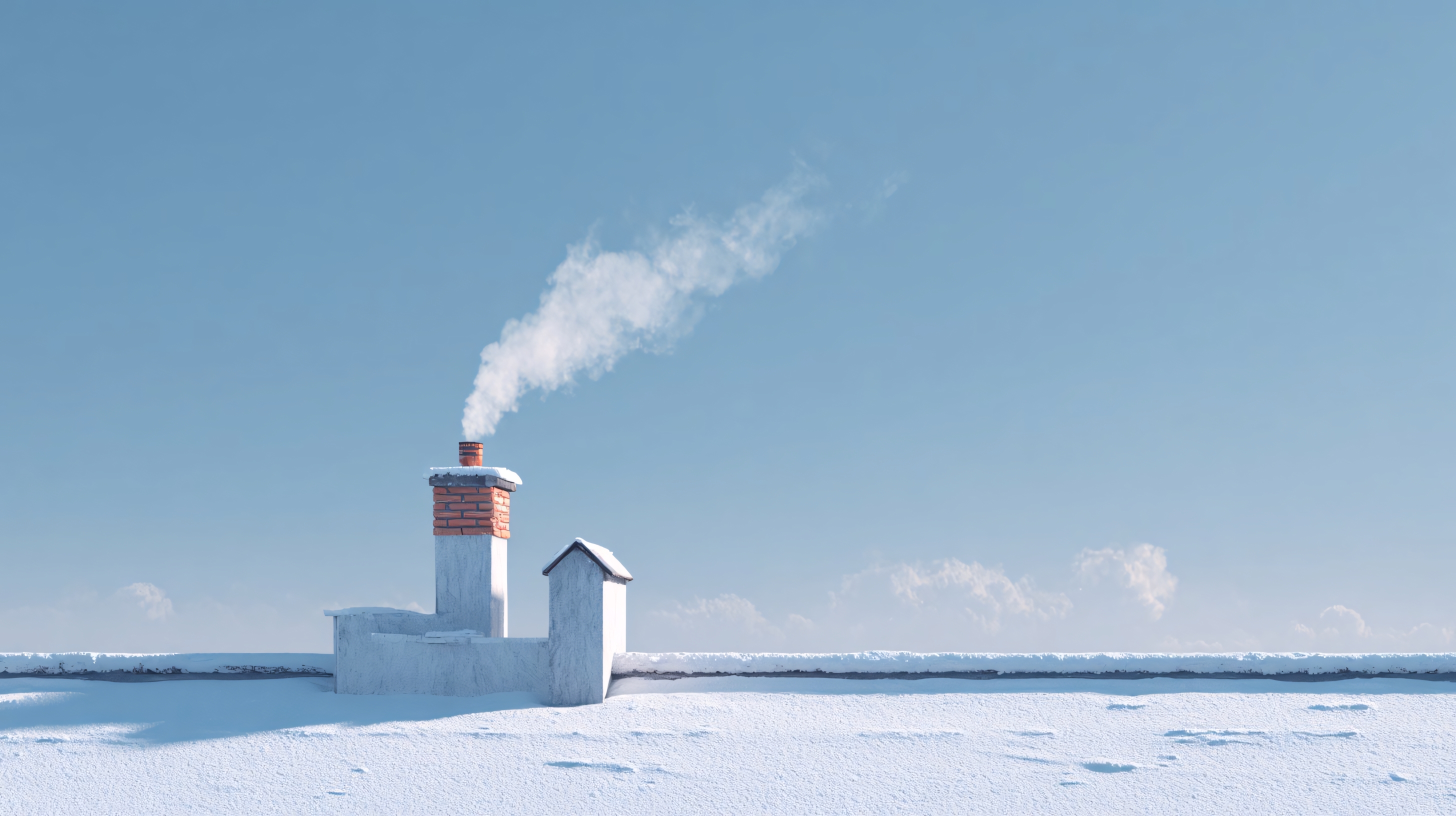 chimney with smoke in snowy winter landscape