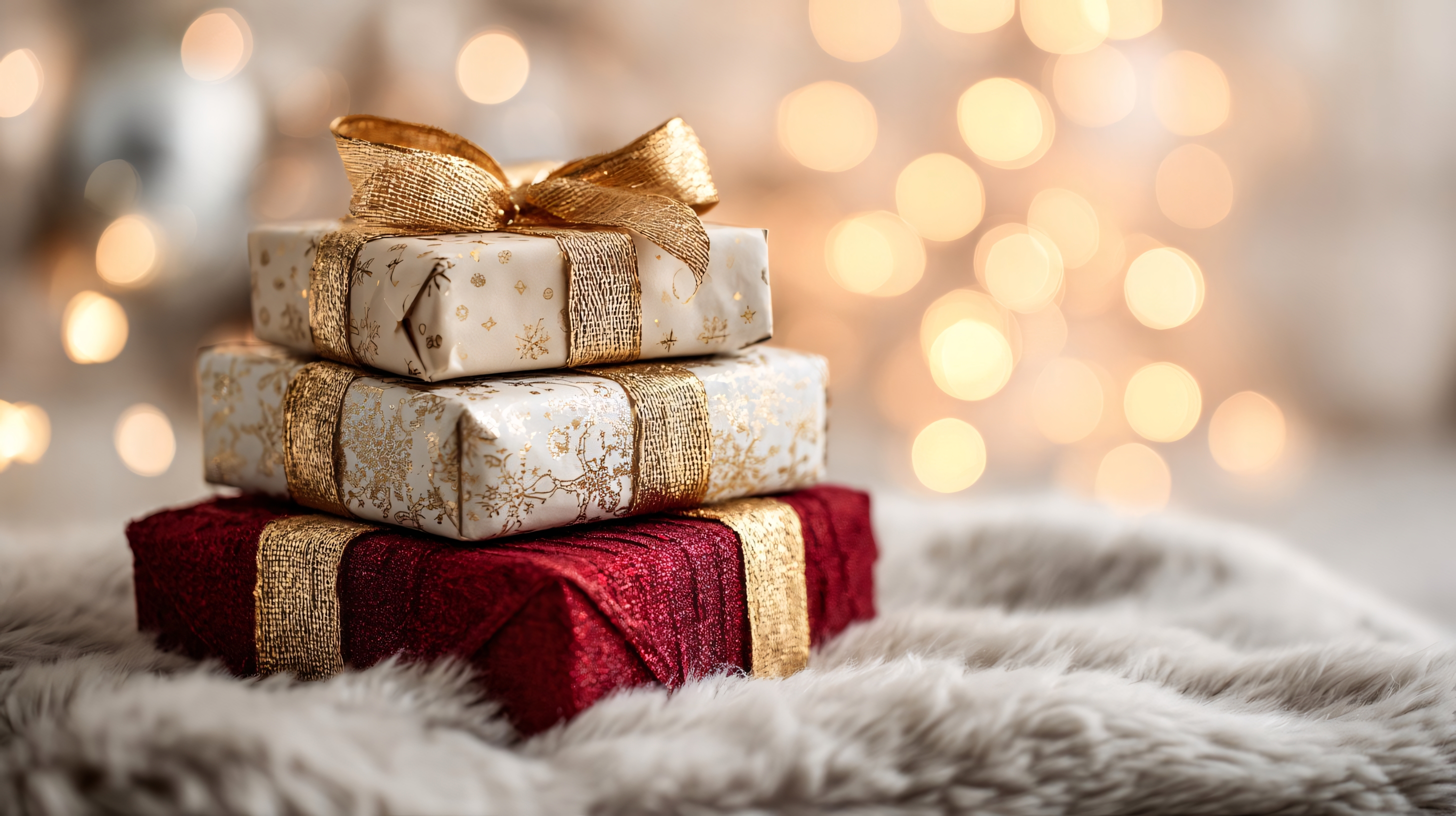 christmas gift boxes with gold ribbon and bokeh background