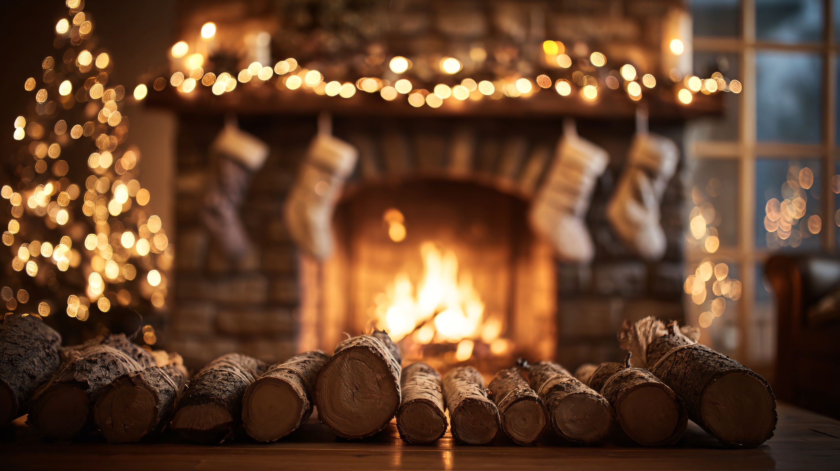 christmas fireplace with stockings and logs for cozy holiday ambiance
