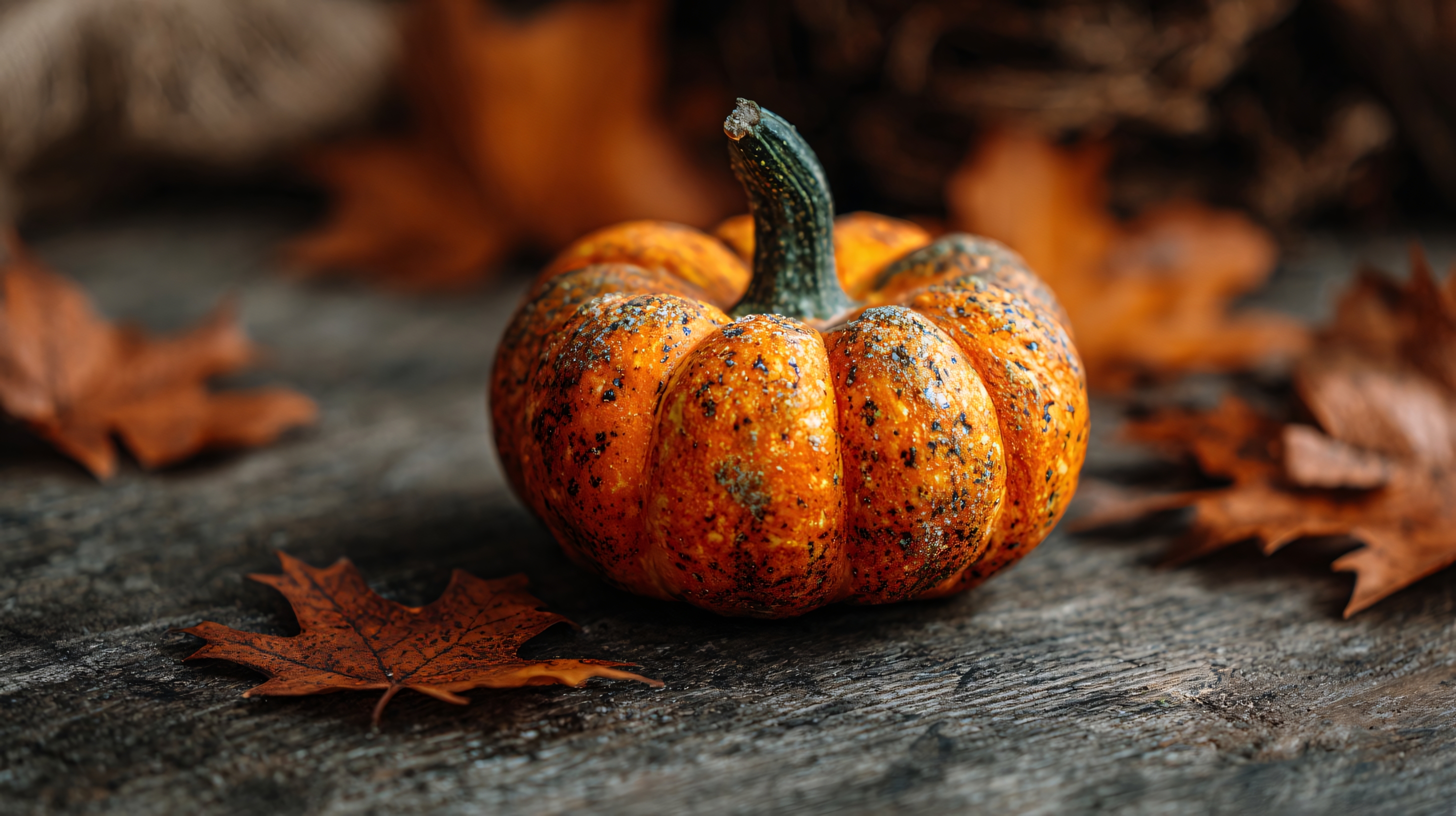 pumpkin on rustic wooden surface with autumn leaves