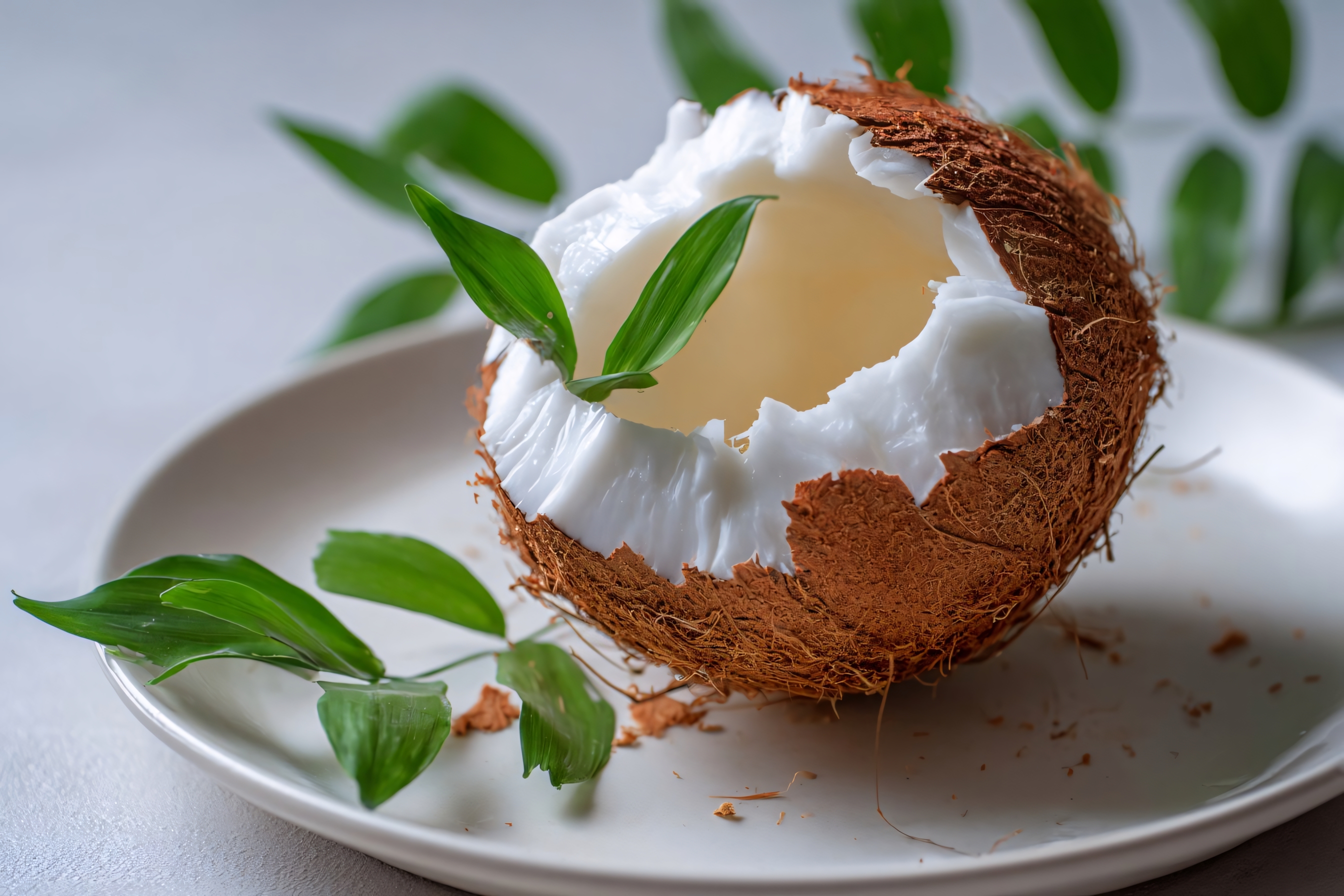 broken coconut with fresh coconut water and green leaves on a plate