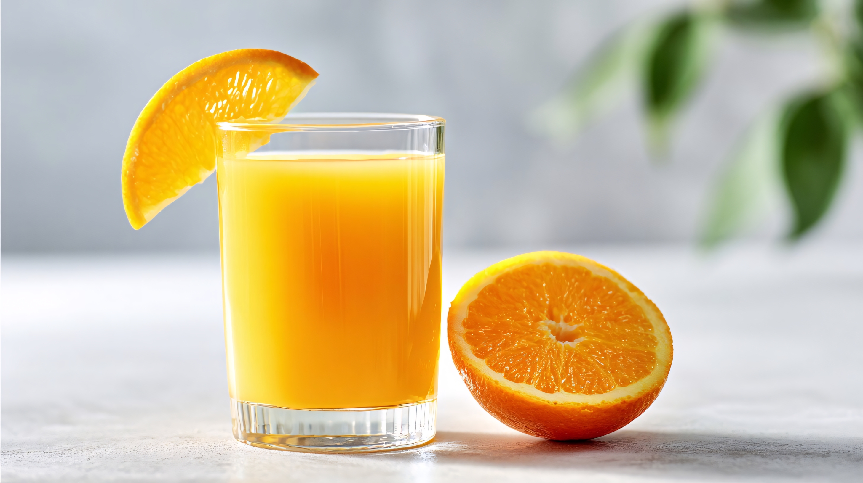 fresh orange juice in a glass with a slice of orange