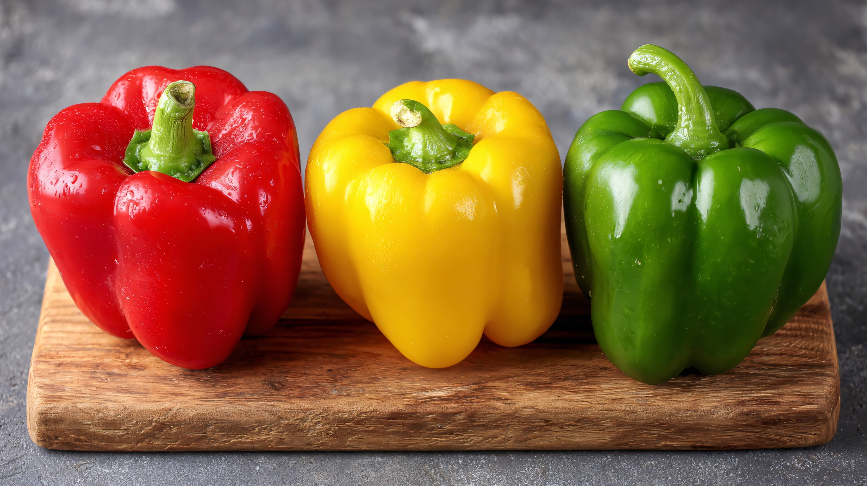 fresh colorful bell peppers on a wooden cutting board
