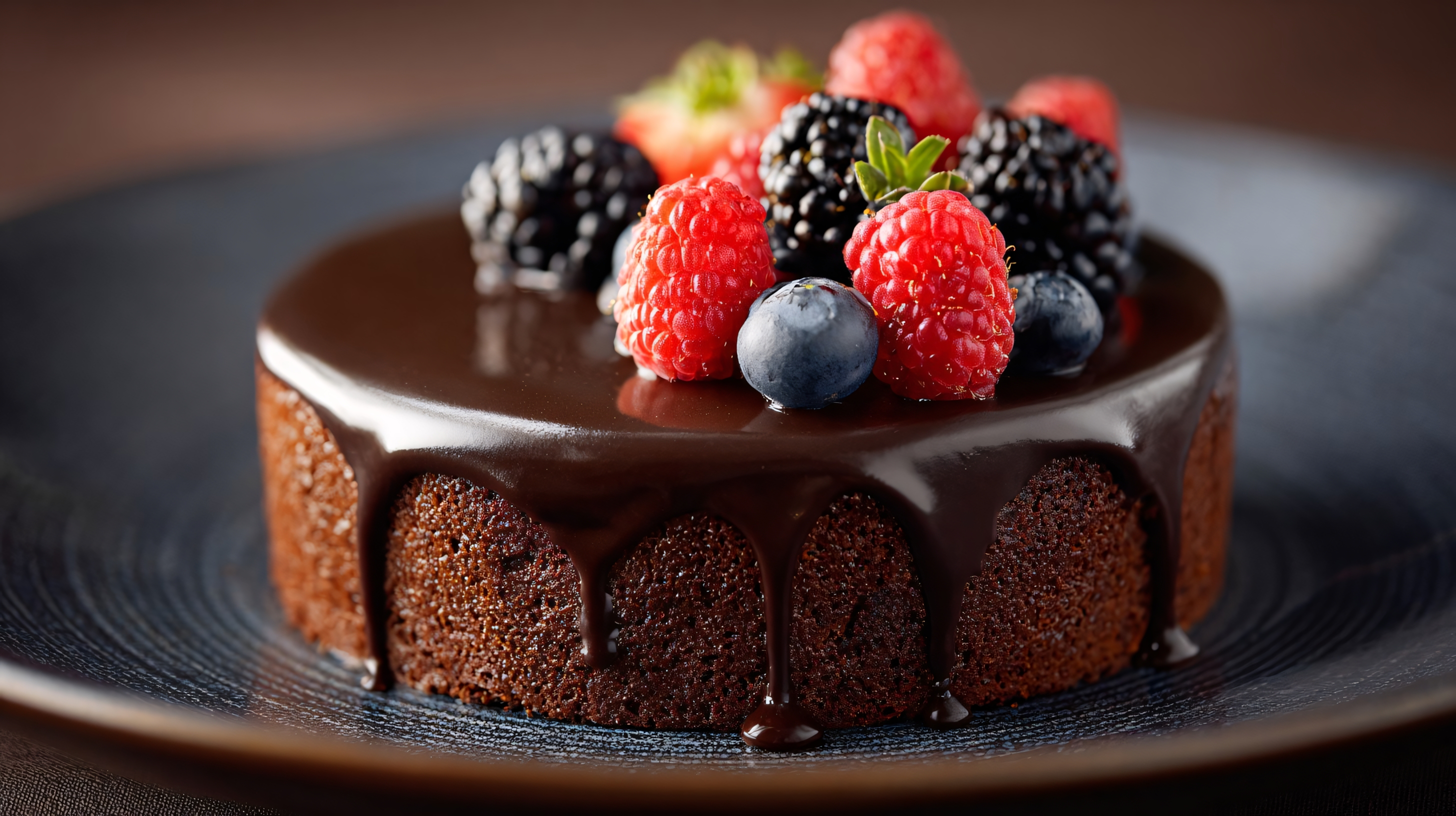 decadent chocolate cake topped with fresh berries