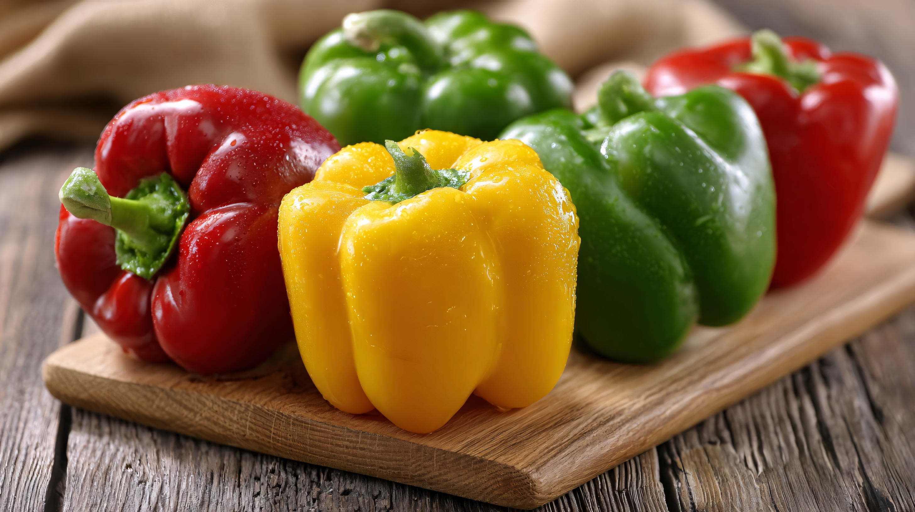 colorful bell peppers on a wooden cutting board