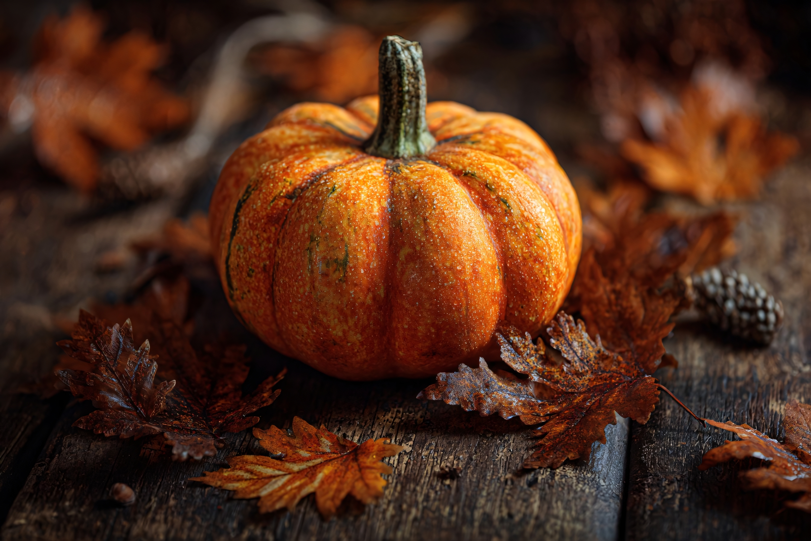 pumpkin surrounded by autumn leaves for fall harvest decor