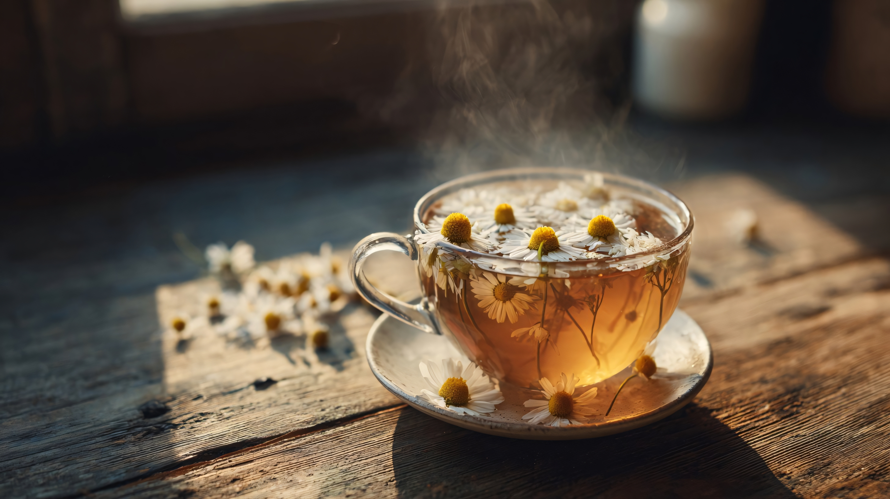 chamomile tea with flowers in glass cup for relaxation and wellness