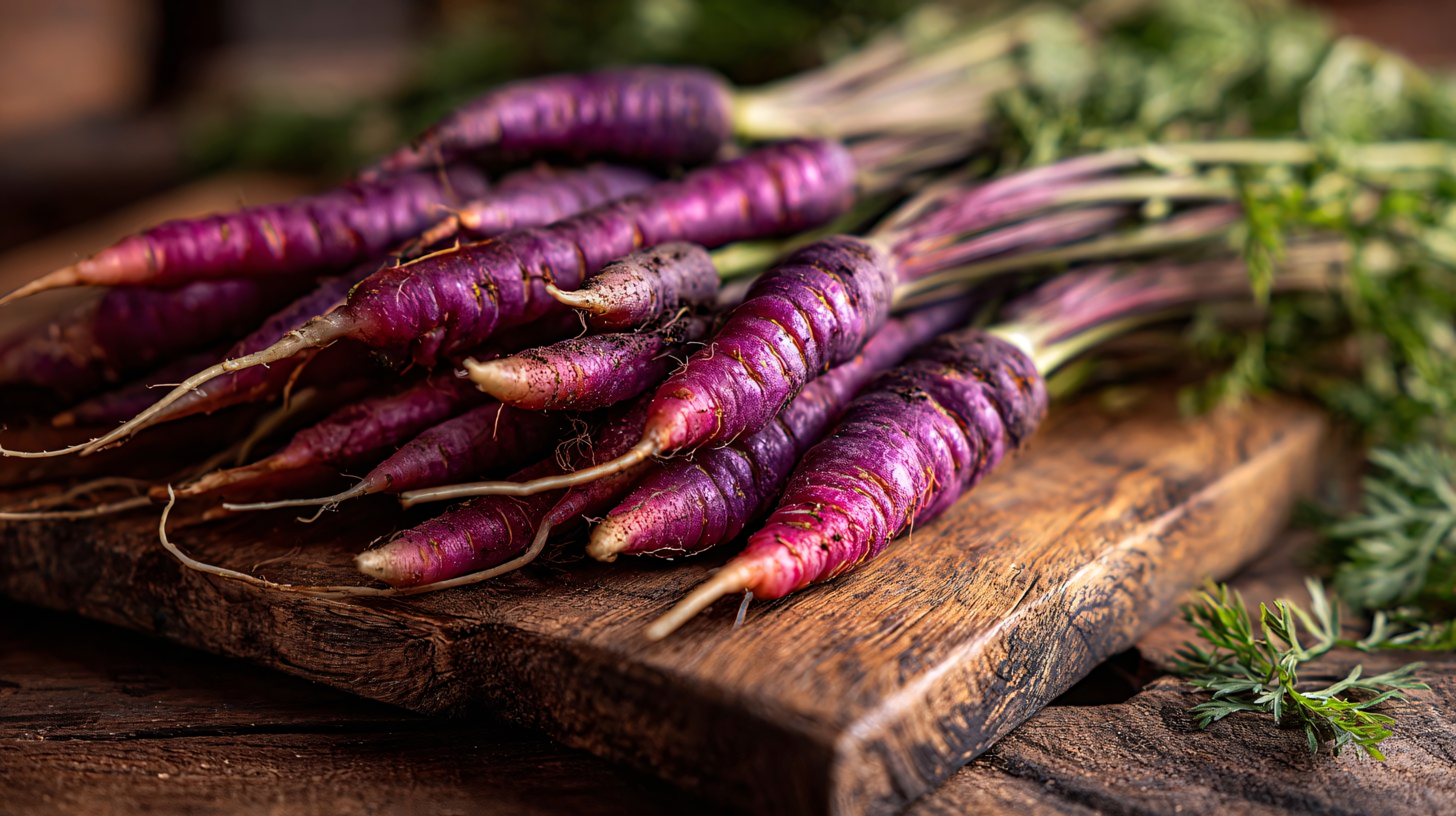 fresh purple carrots on wooden table for healthy vegetable cooking