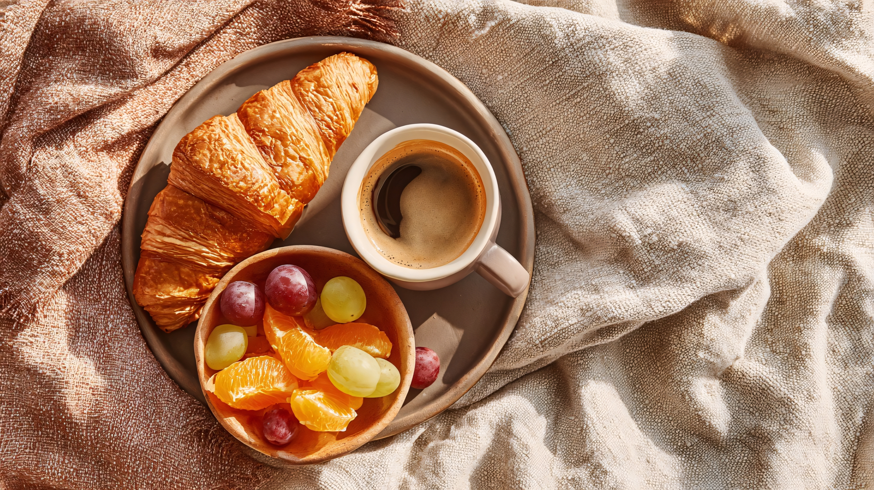 cozy breakfast with croissant, coffee, and fresh fruits on plate