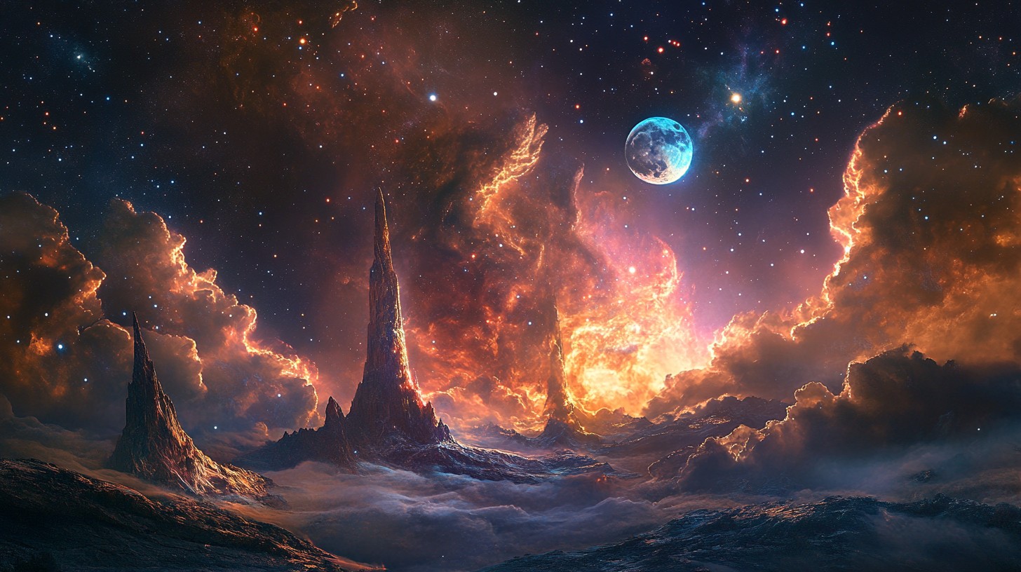 cosmic mountains and glowing moon