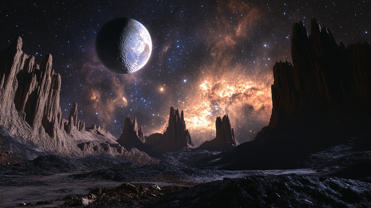 alien terrain with distant planet