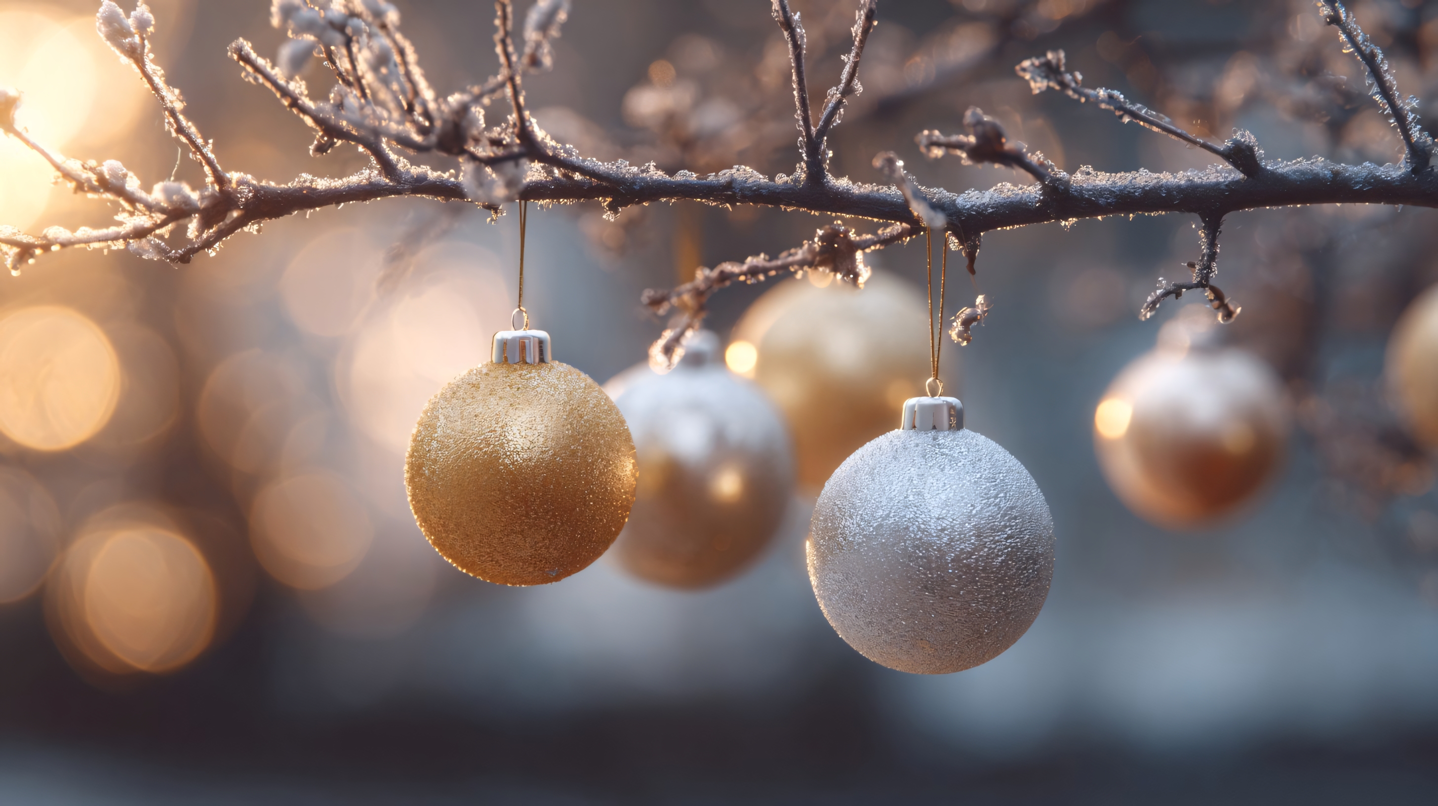 christmas tree ornaments with golden and silver baubles