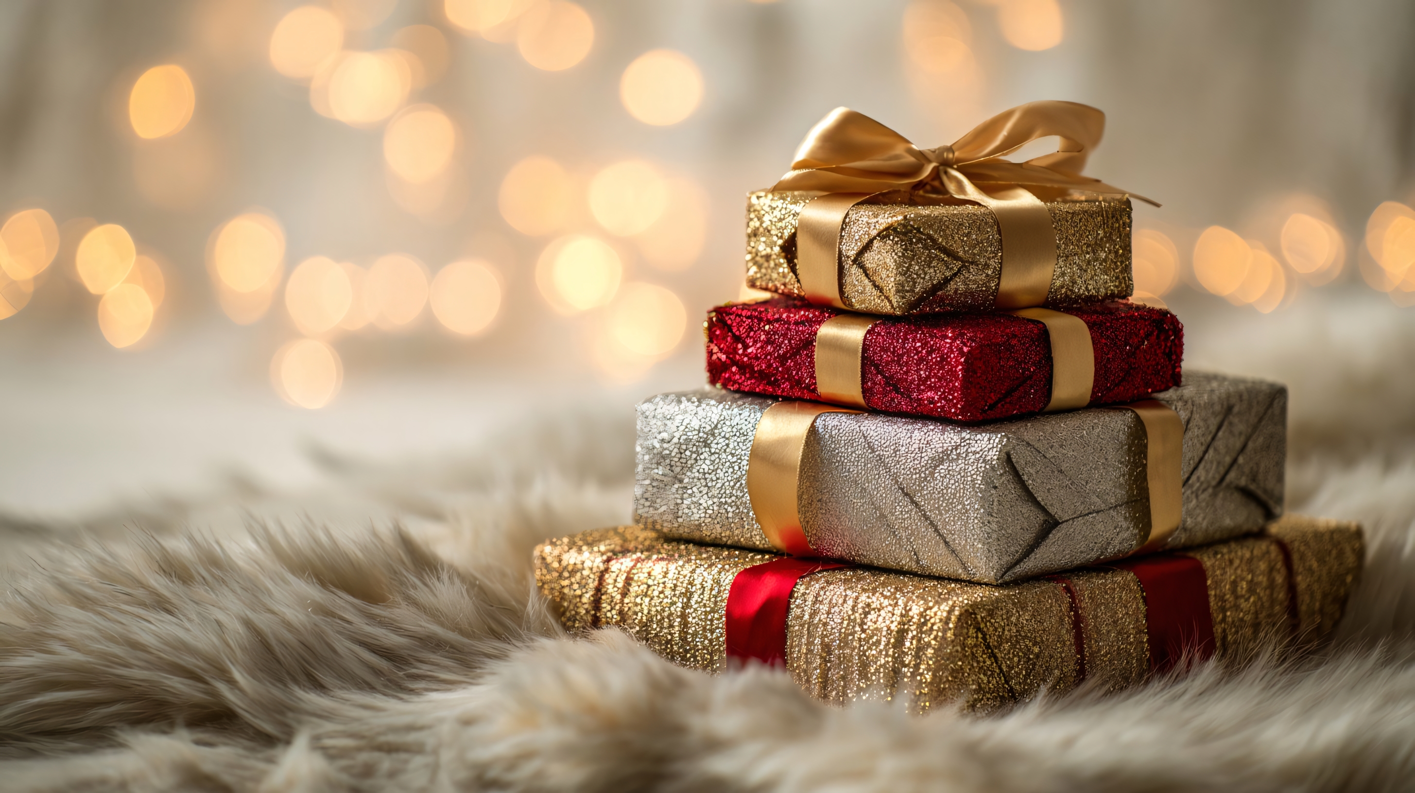 festive christmas presents with golden ribbons
