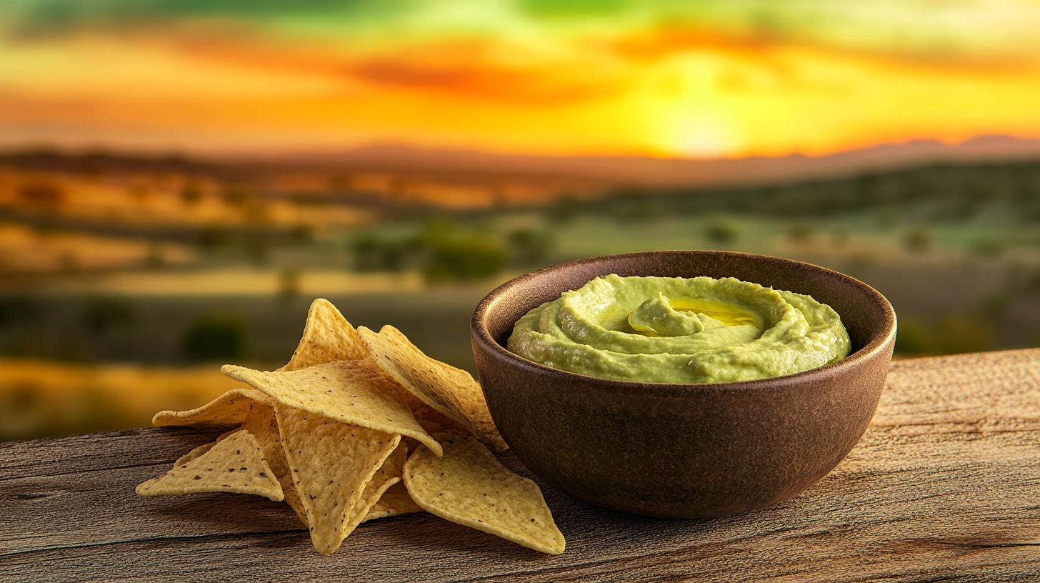 guacamole dip with tortilla chips and scenic background