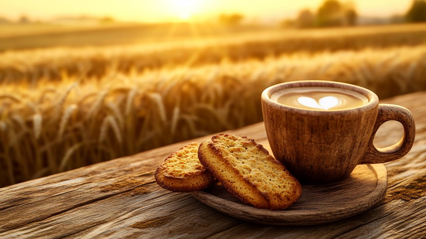 coffee cup with cookies and scenic sunrise background