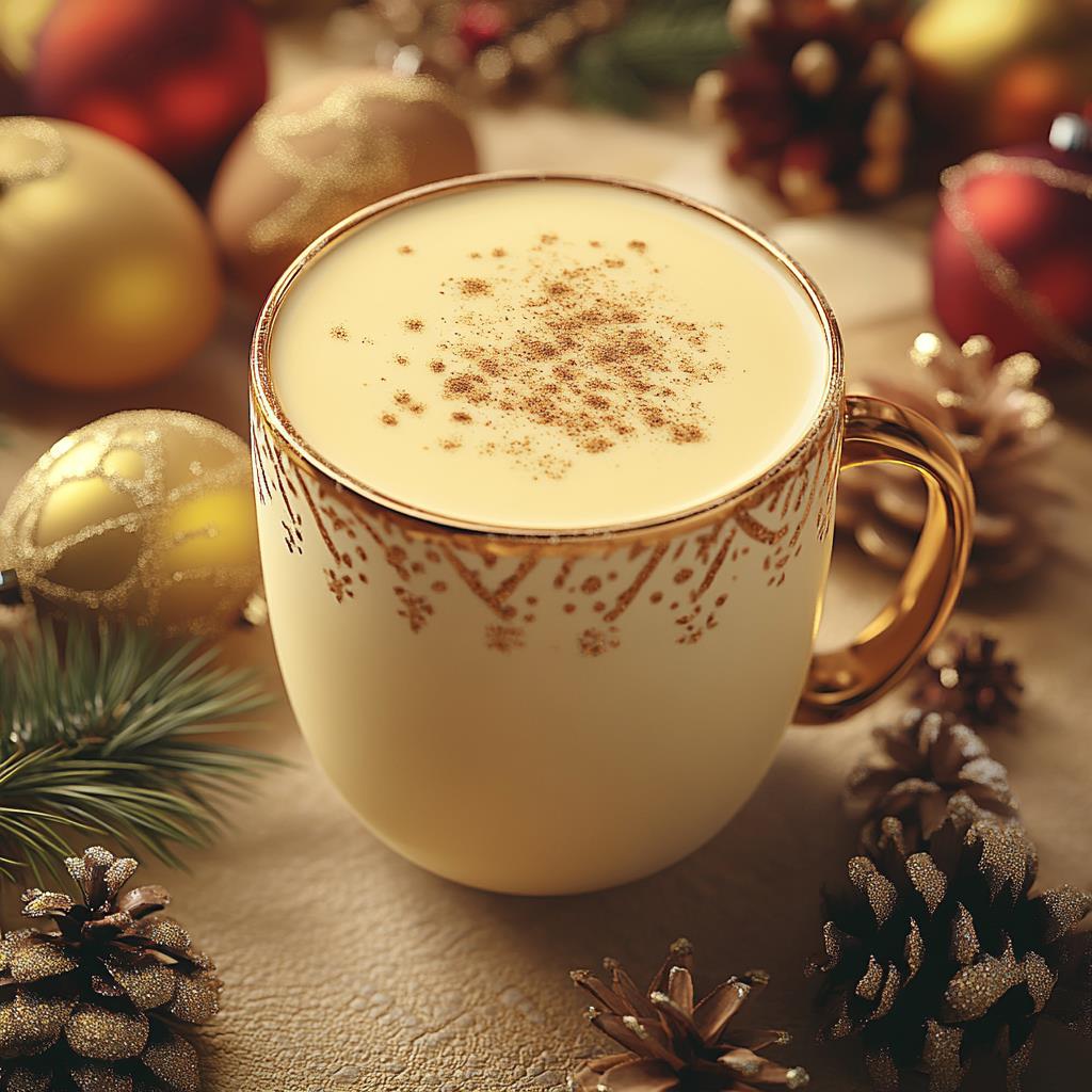 christmas eggnog with pine cones and holiday decorations
