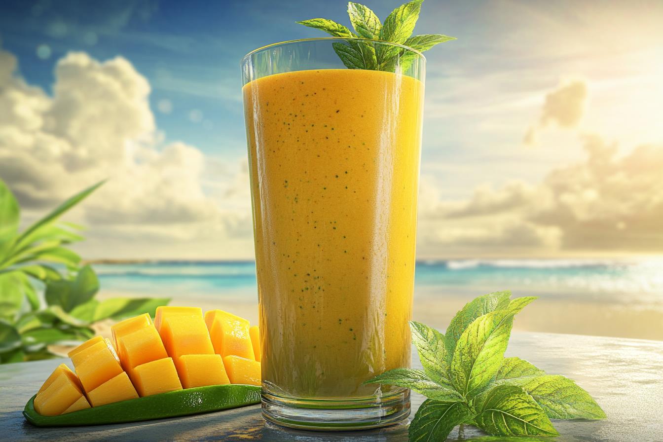 tropical mango smoothie with mint on beach background