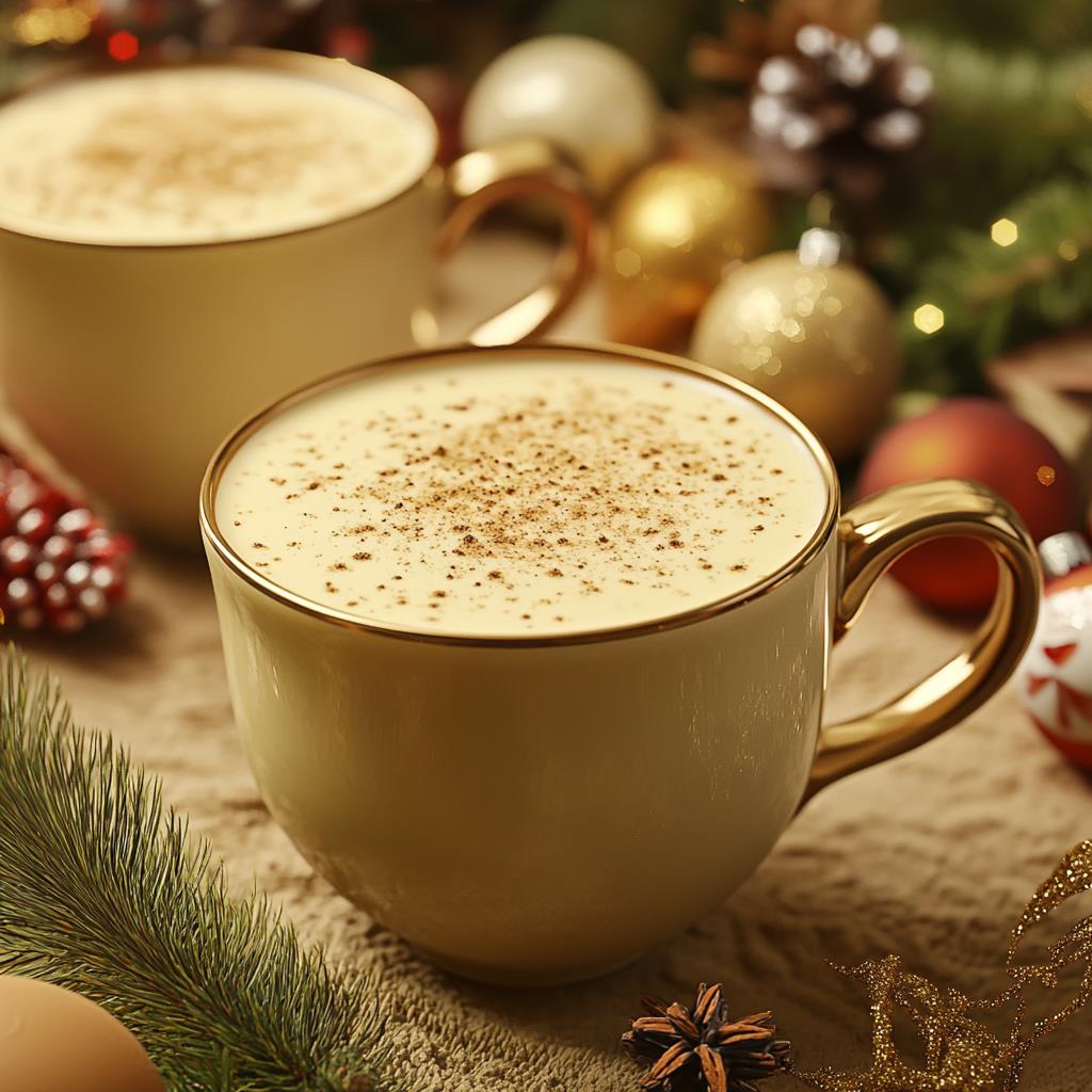 christmas eggnog with spices and holiday decorations