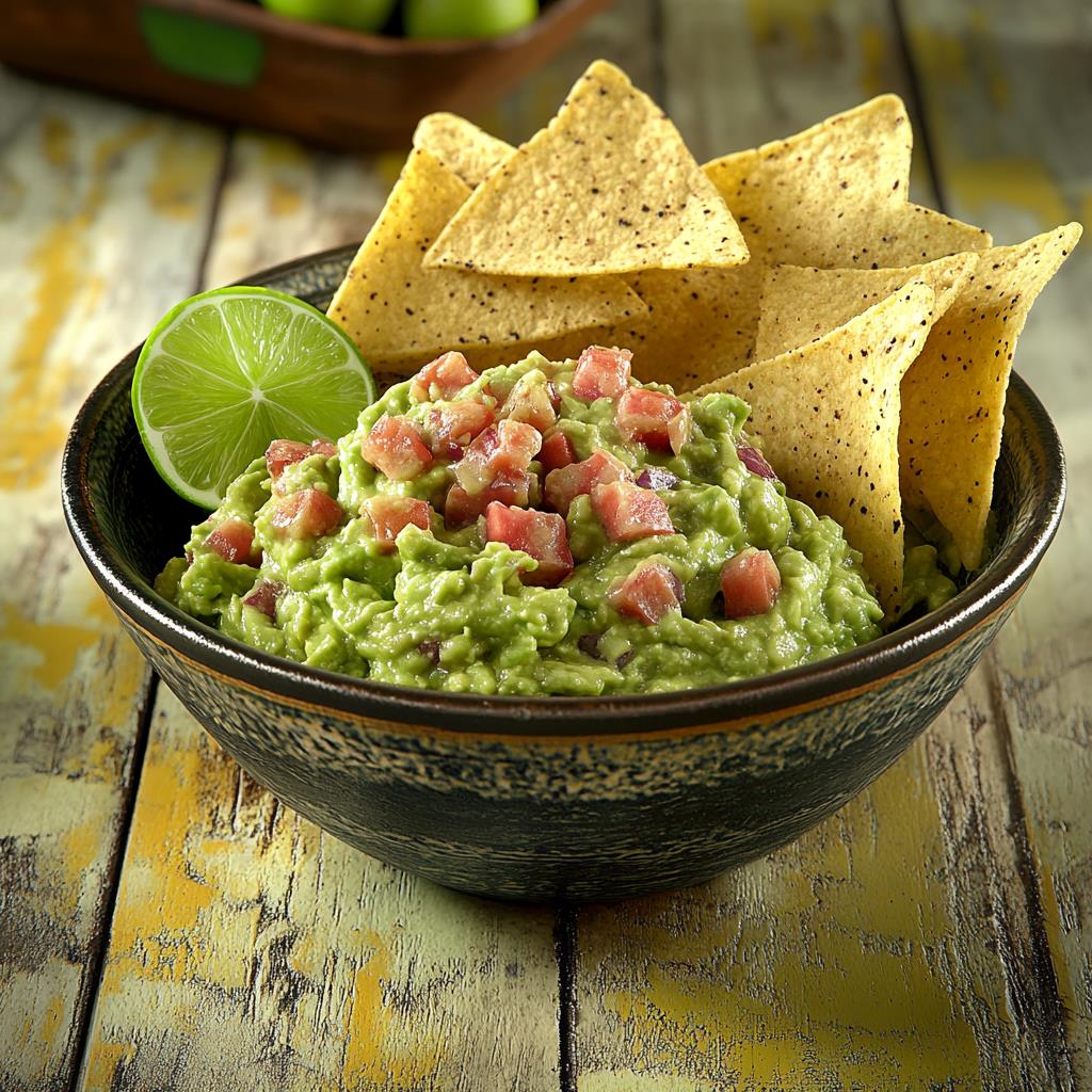fresh guacamole with tortilla chips and lime wedge