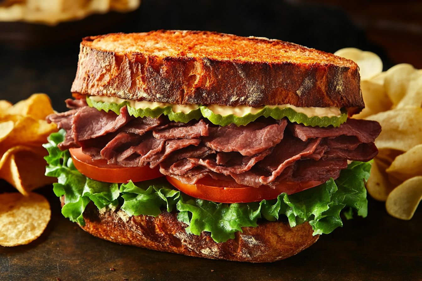 roast beef sandwich with lettuce, tomato, and pickles
