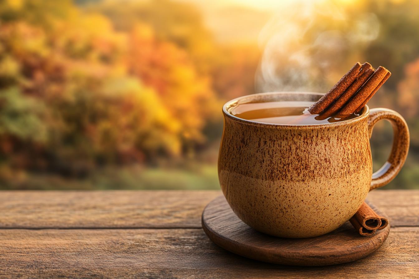 warm spiced drink with cinnamon in autumn setting
