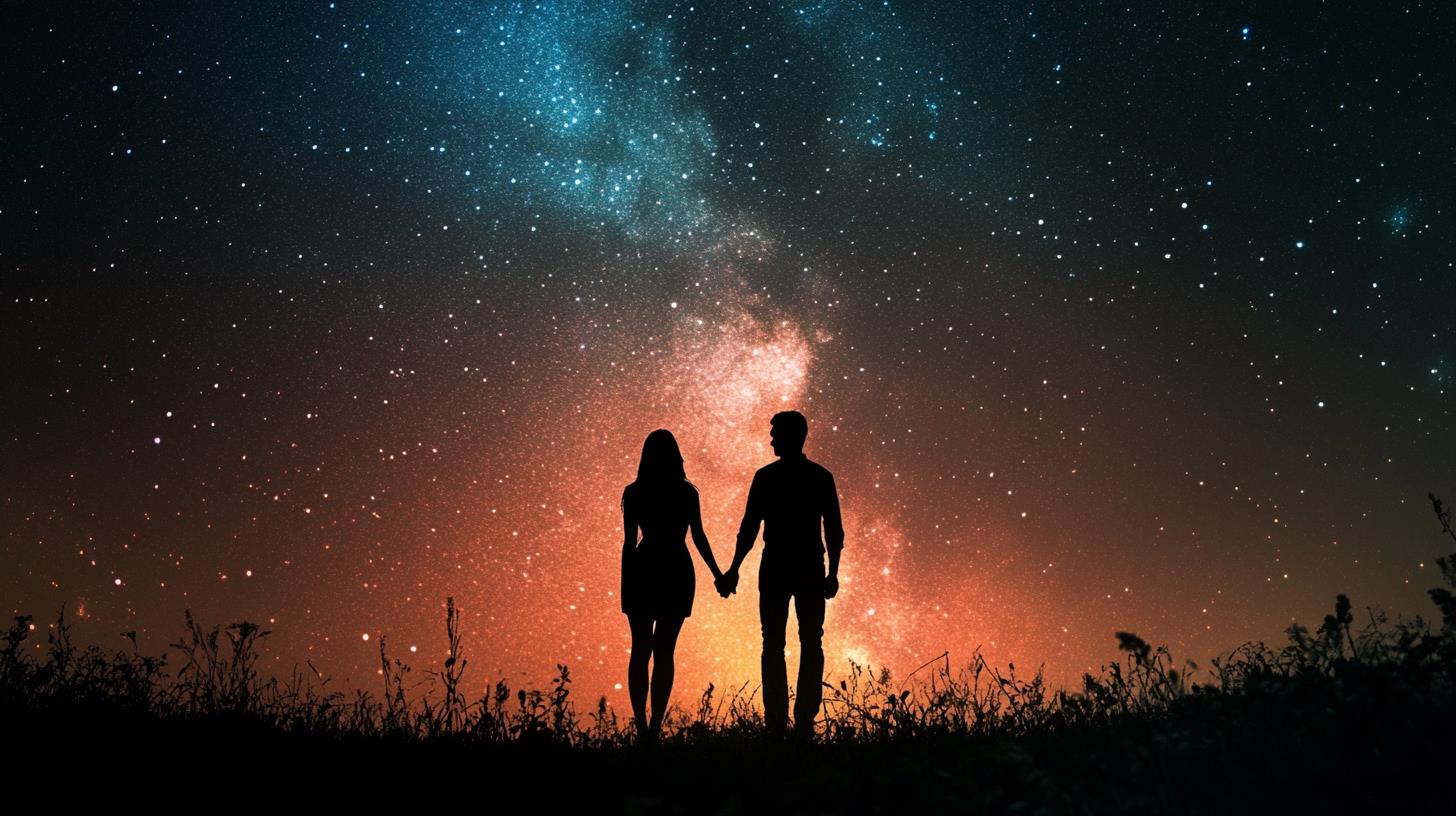 romantic couple holding hands under a starry sky with vibrant sunset background