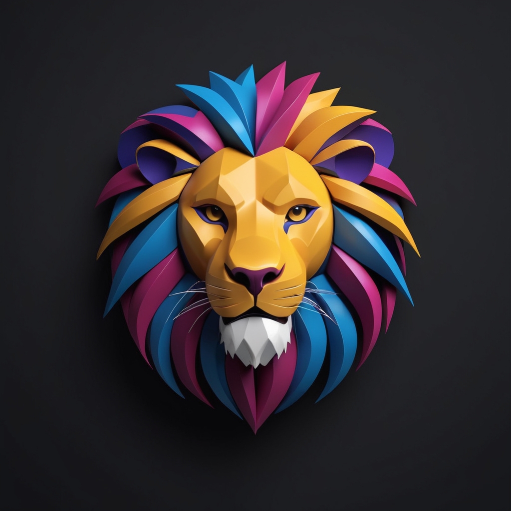colorful geometric lion head in 3D art style on dark background