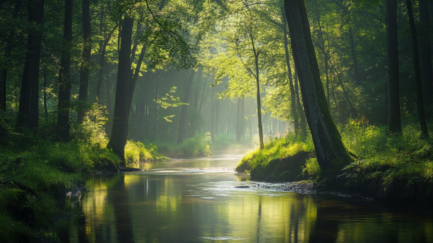 peaceful forest stream with sunlight filtering through trees
