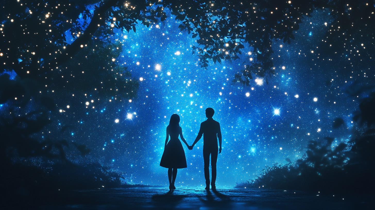 romantic couple holding hands under a starry sky for valentine's day