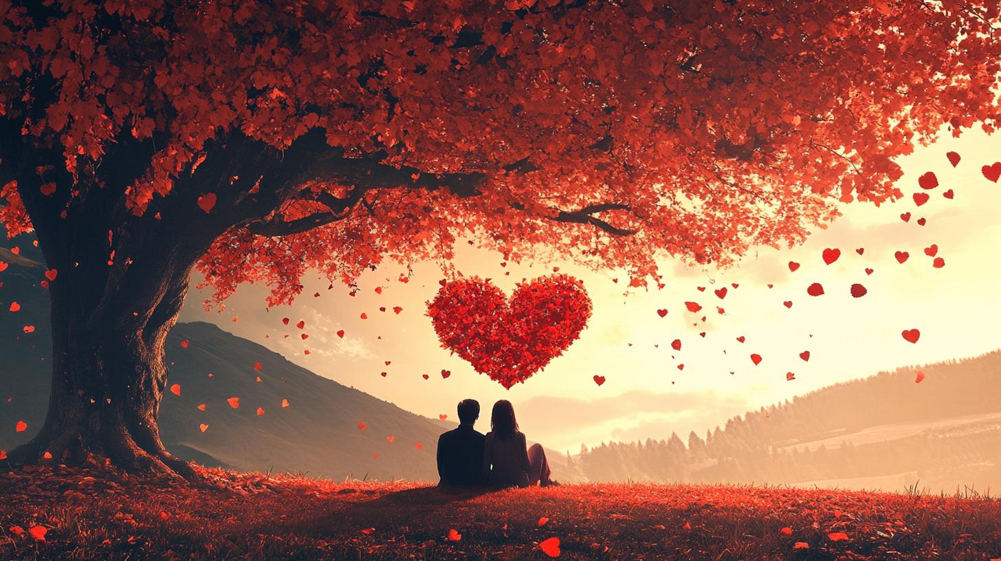 romantic couple under heart-shaped tree for valentine's day