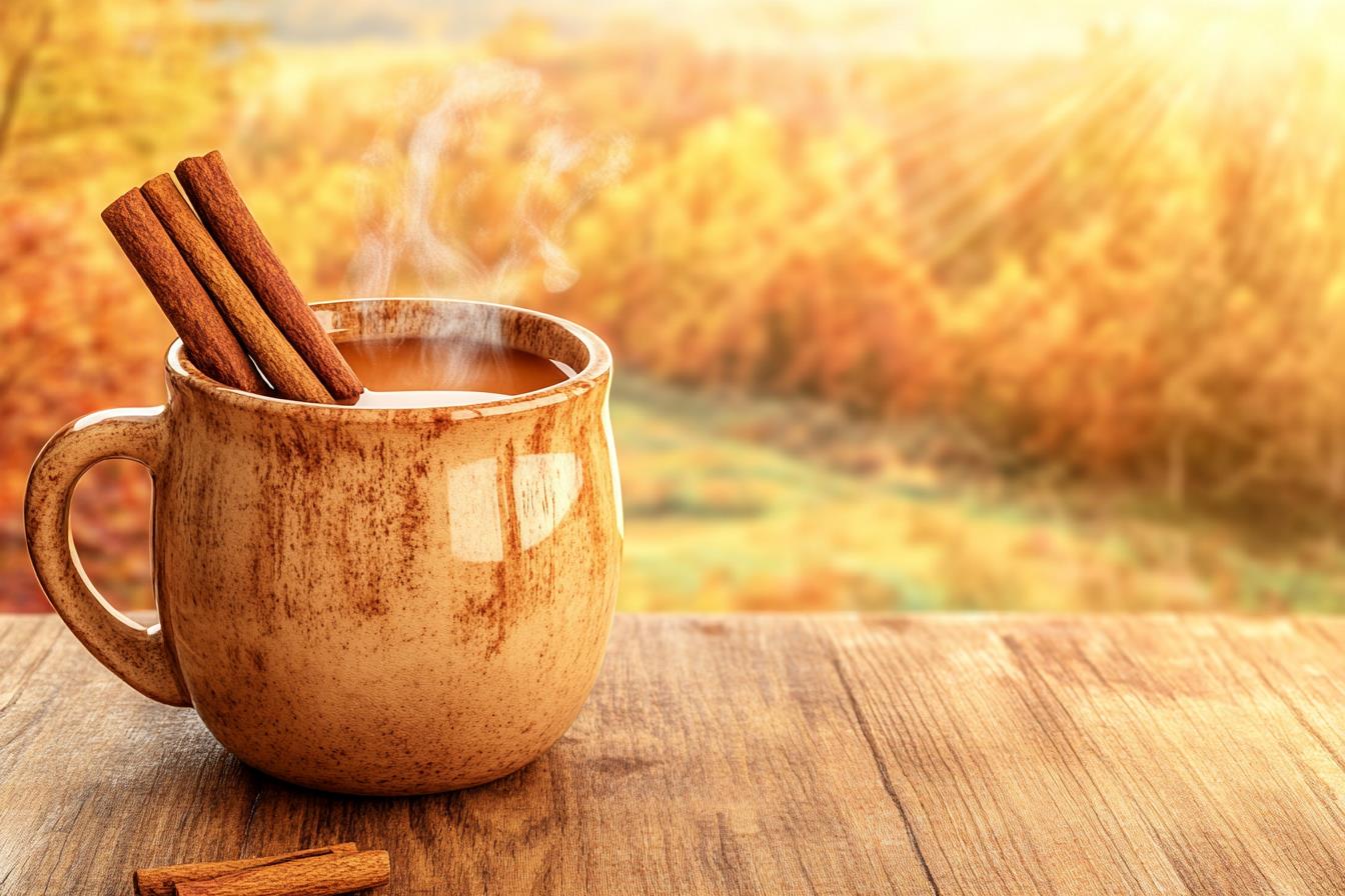autumn hot drink with cinnamon sticks in rustic mug for cozy vibes