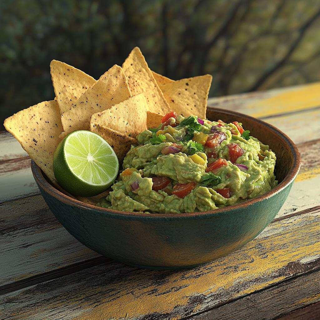 fresh guacamole with chips and lime, delicious appetizer