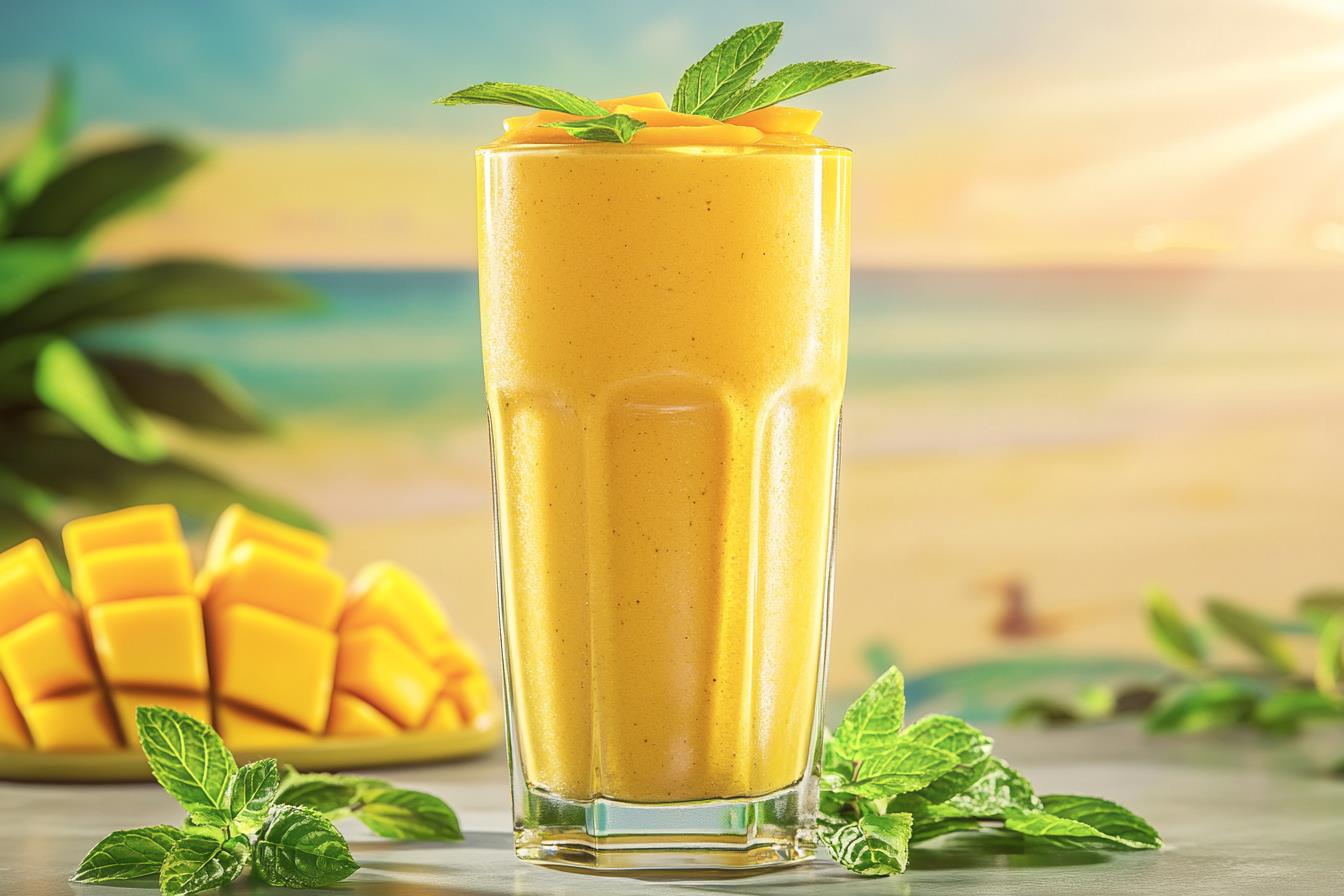 refreshing mango smoothie with mint, tropical summer drink