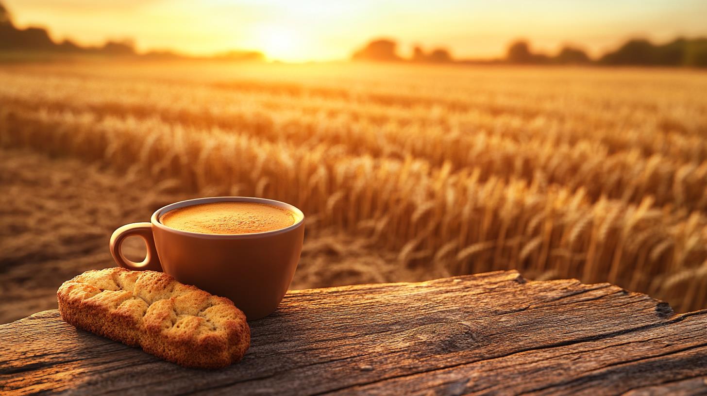 sunset coffee and biscuit, rustic countryside morning drink