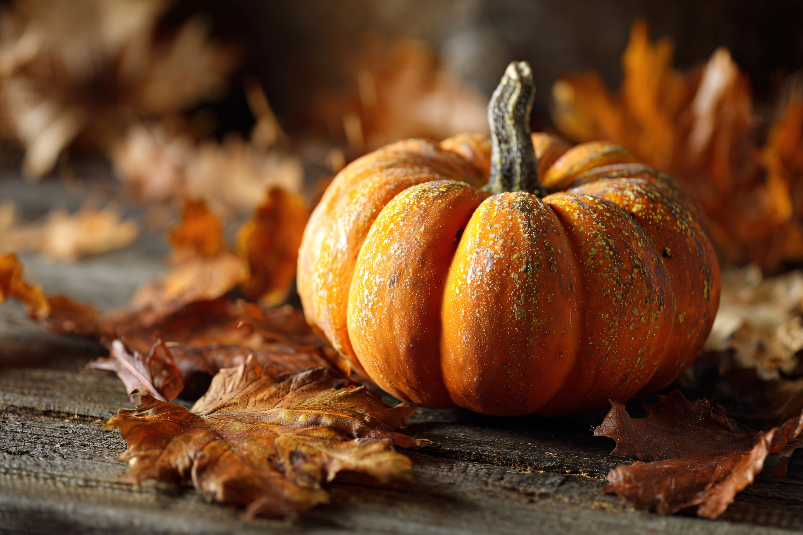 pumpkin with autumn leaves on wooden background fall decoration