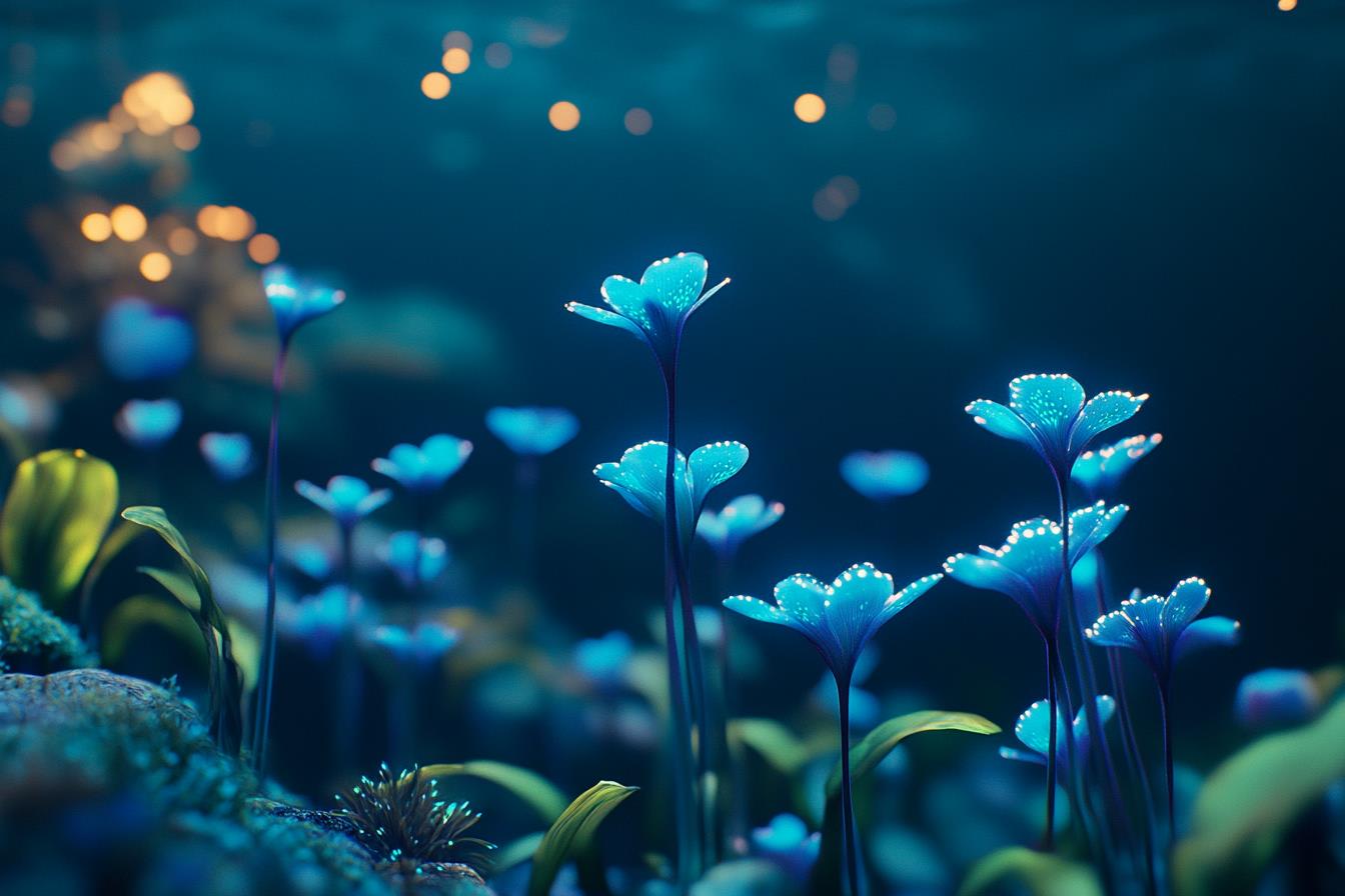glowing blue flowers in magical underwater environment