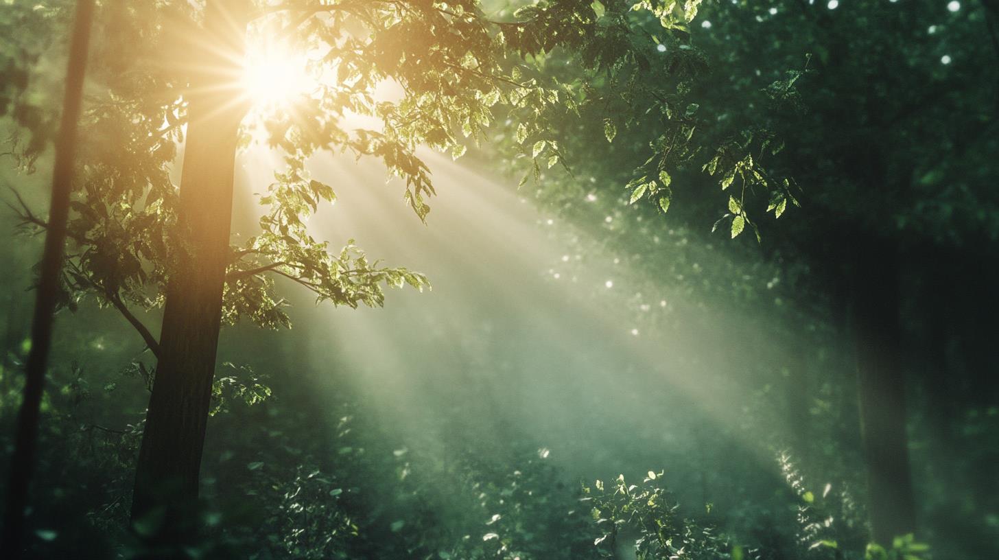 sunlight beams shining through forest trees with green leaves