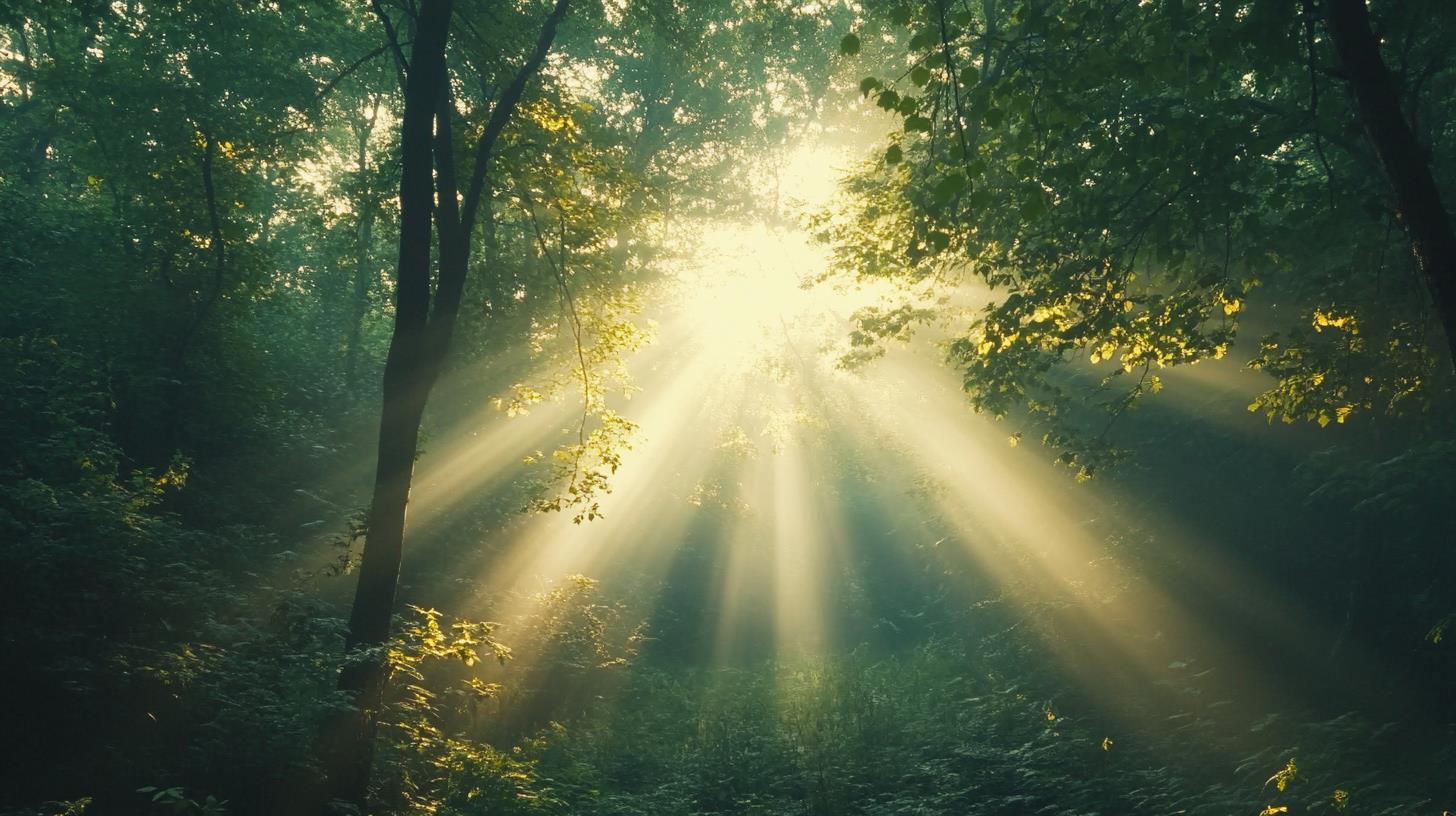 sunlight rays shining through forest trees with misty atmosphere