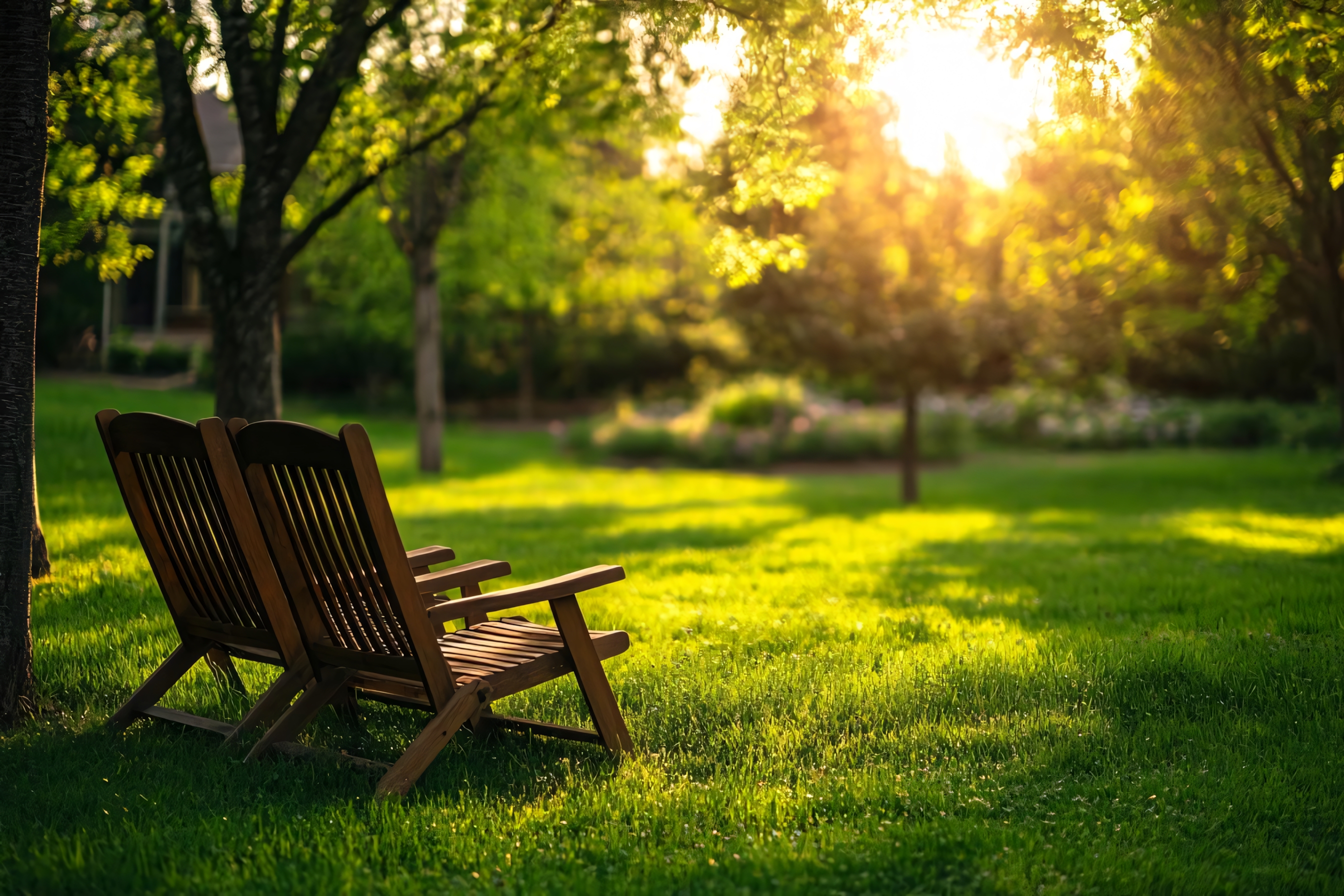 peaceful garden with two chairs in the sunlight