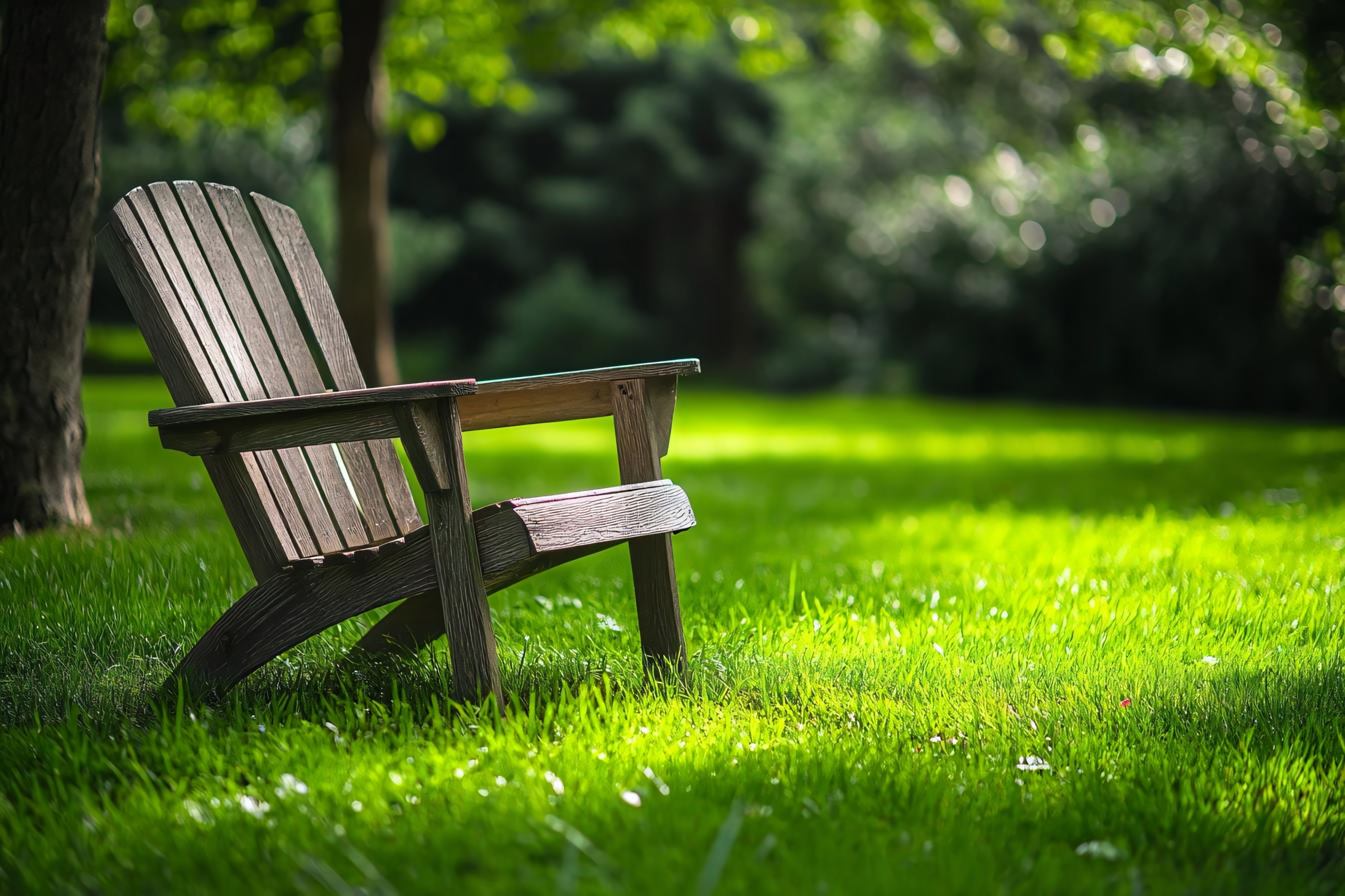 wooden chair on lush green grass in a peaceful garden