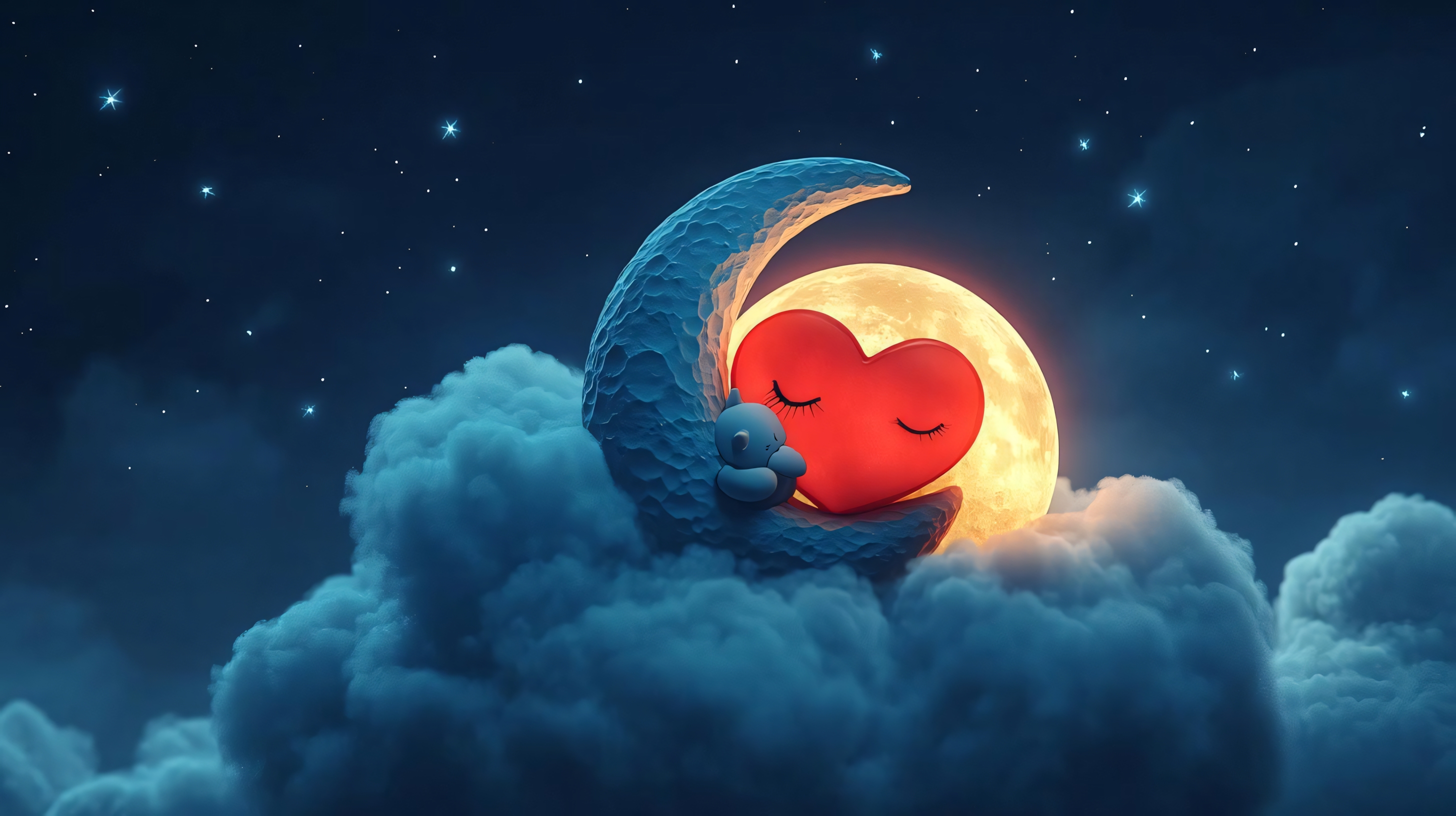 cute teddy bear and heart on crescent moon under the stars