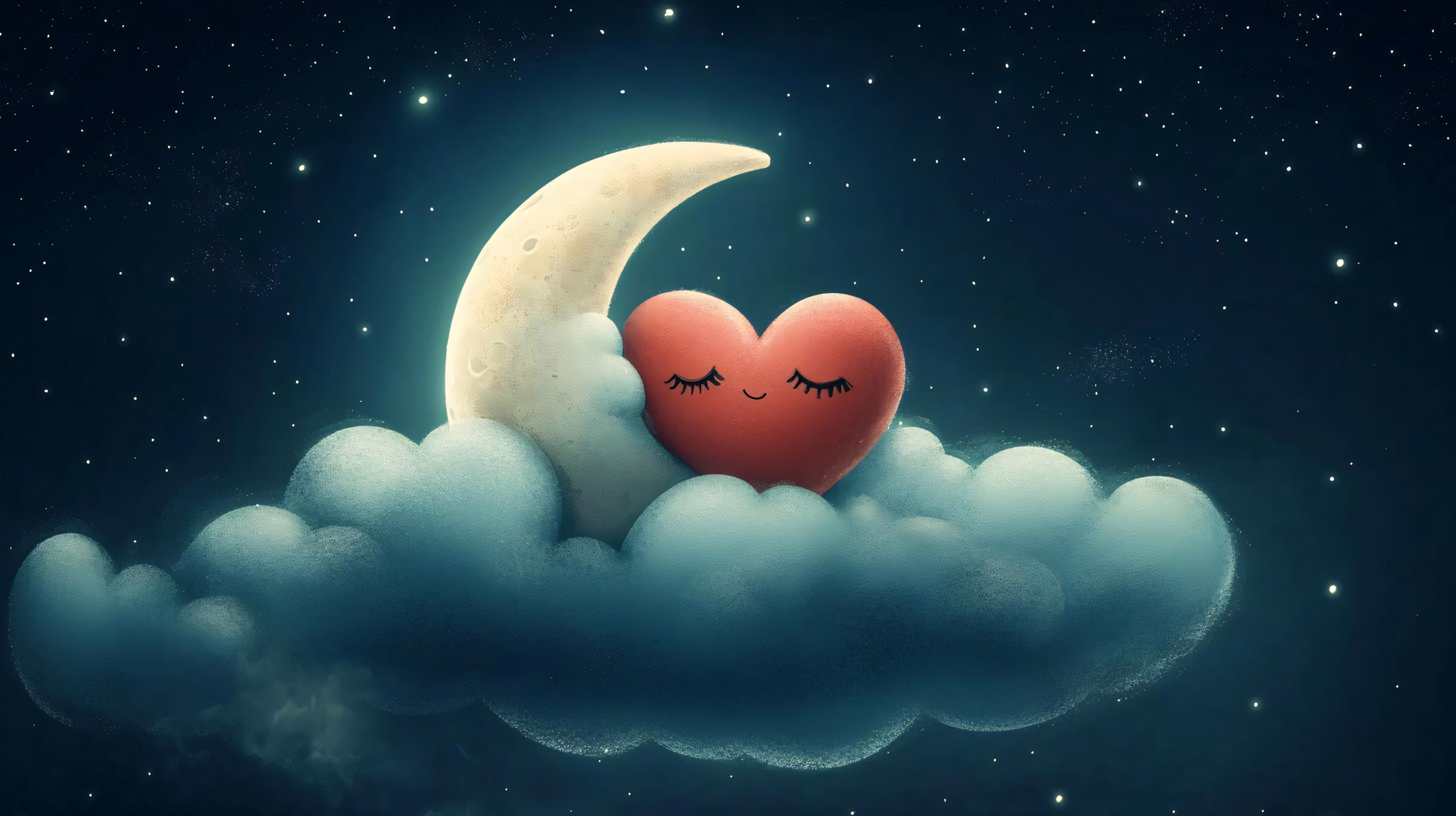 cute heart and moon sleeping on clouds under the stars
