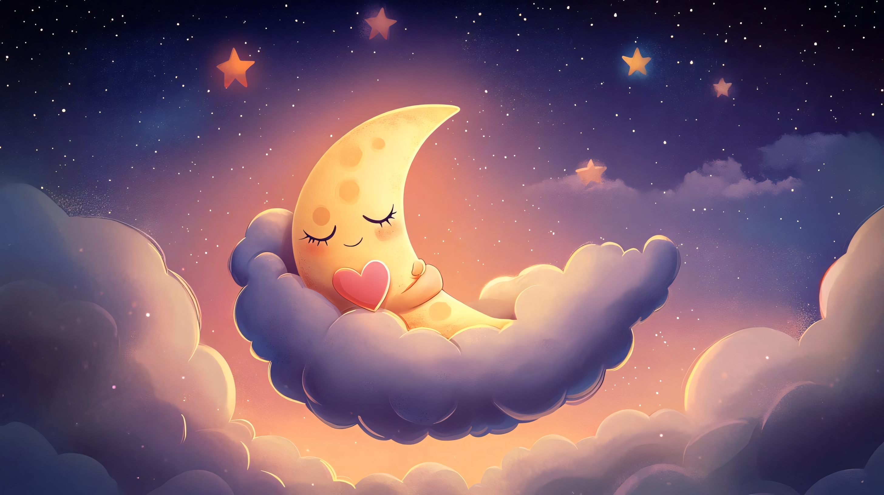 cute moon with heart resting on cloud under the stars
