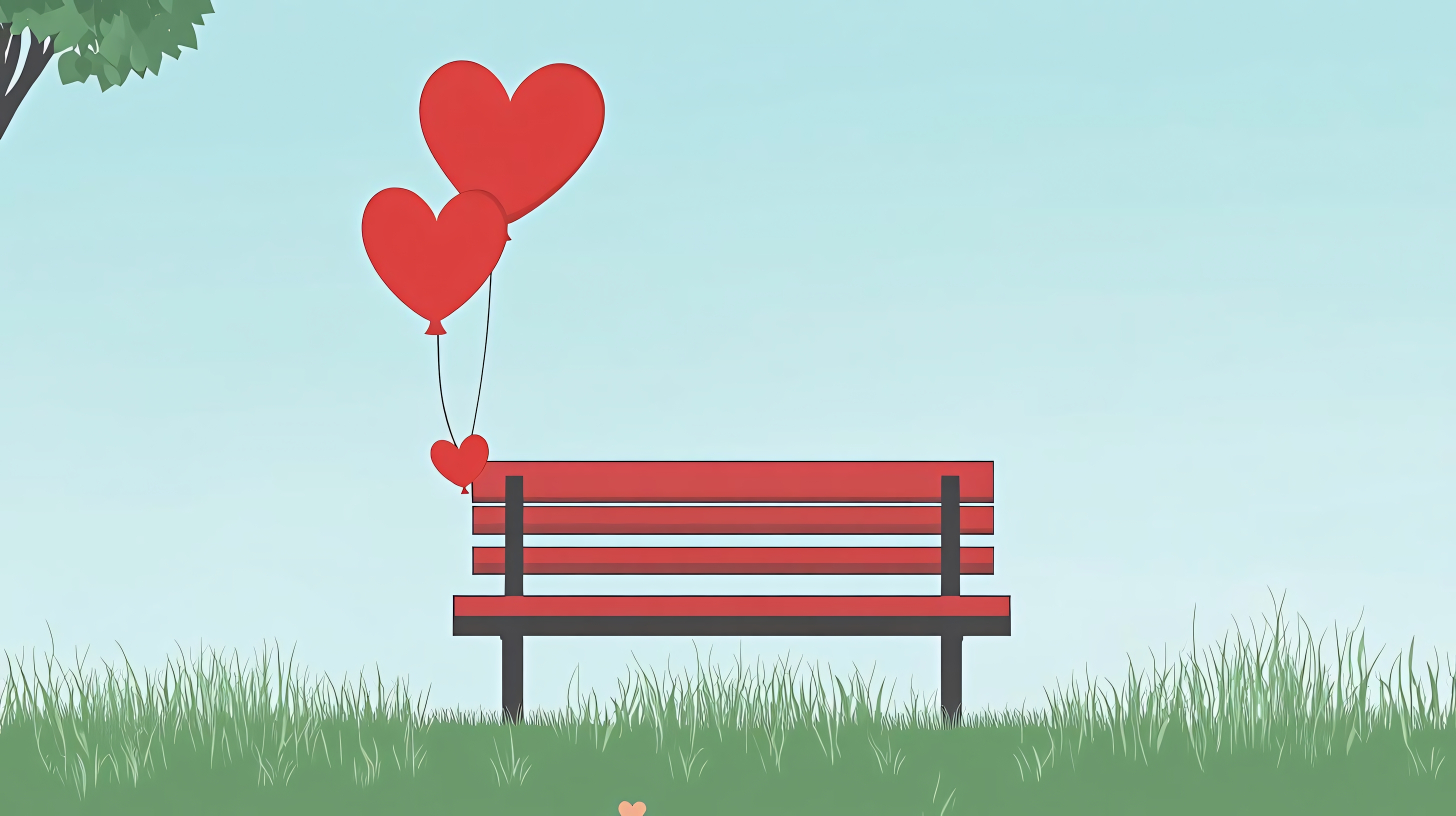 romantic park bench with heart-shaped balloons for valentine's day