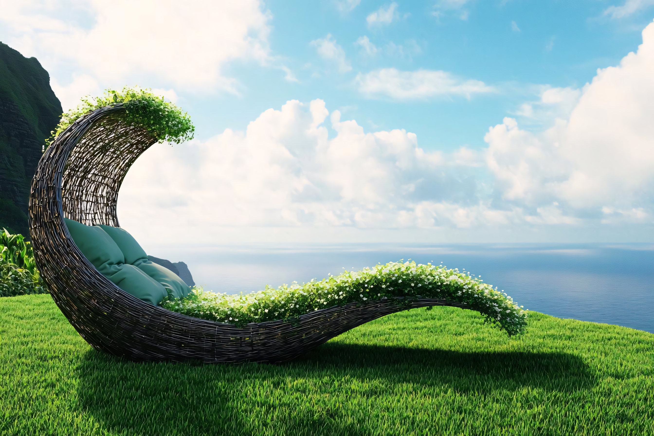 nature-inspired lounge chair shaped like a wave with flowers and ocean view