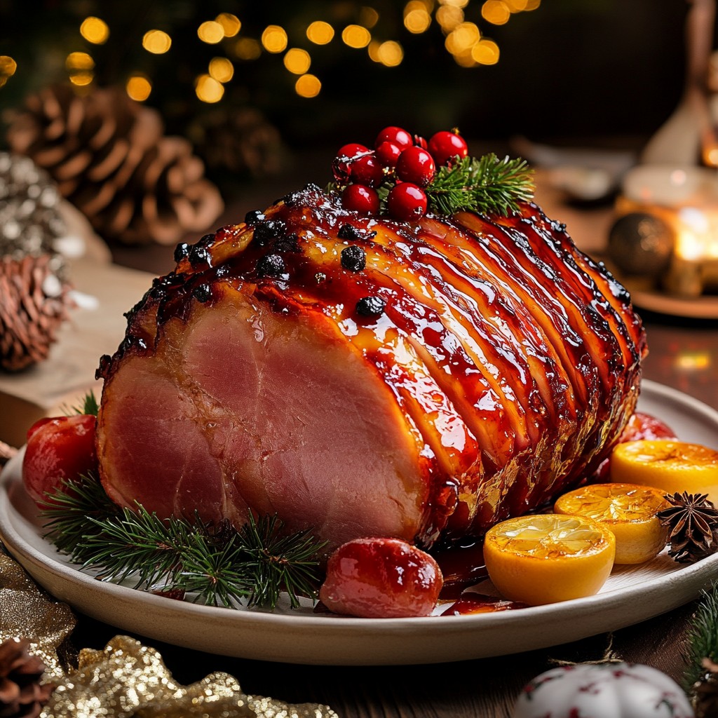 glazed christmas ham with berries and festive garnishes stock photo royalty free