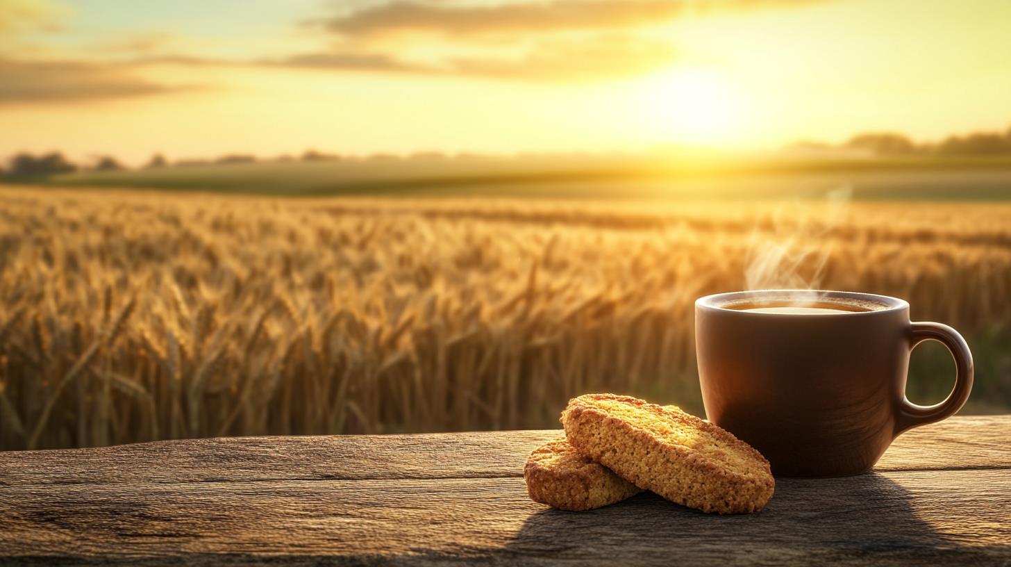 morning coffee with biscuits and sunrise stock image royalty free